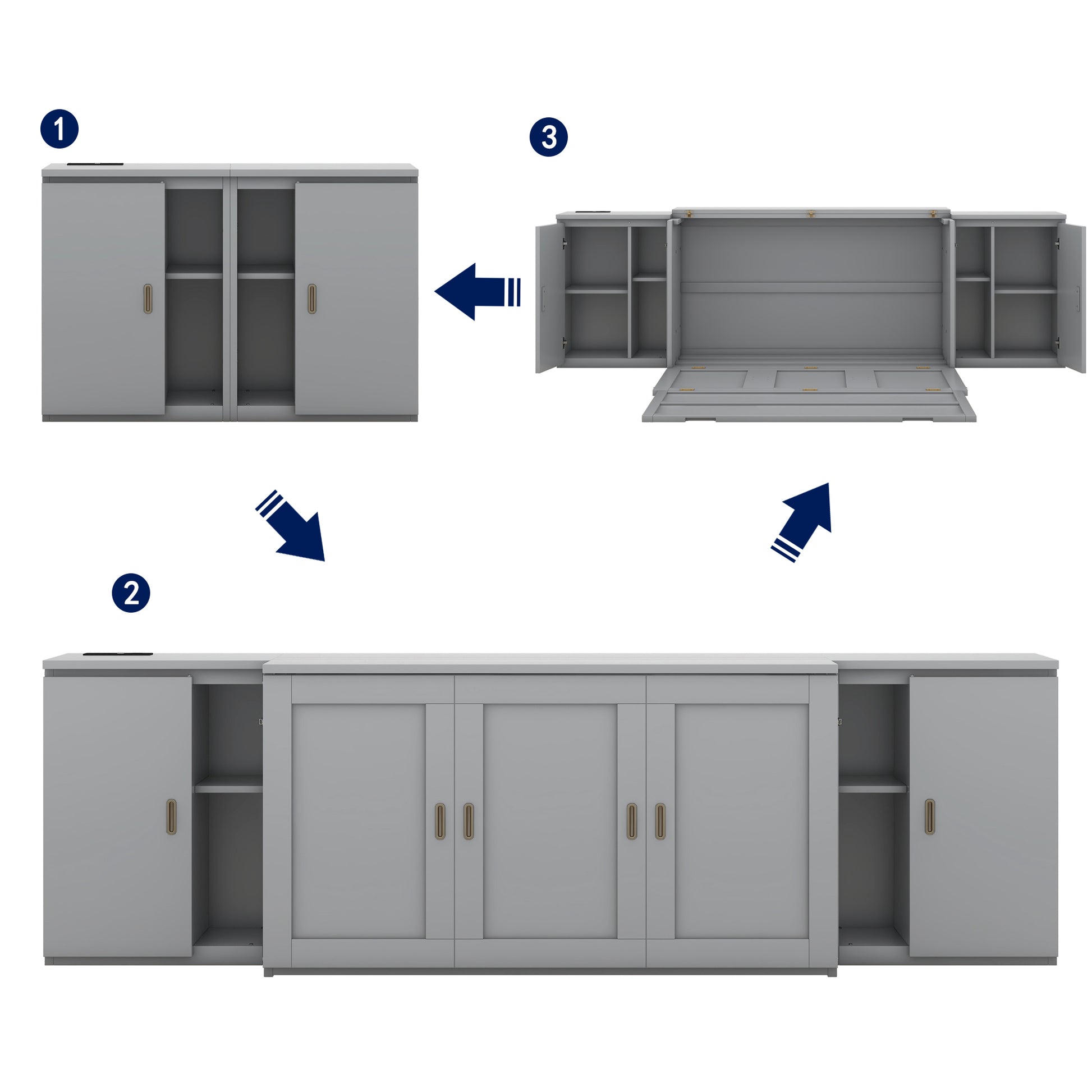 Queen Size Murphy Bed With Shelves, Cabinets And Usb Ports,Gray Queen Gray Mdf Lvl