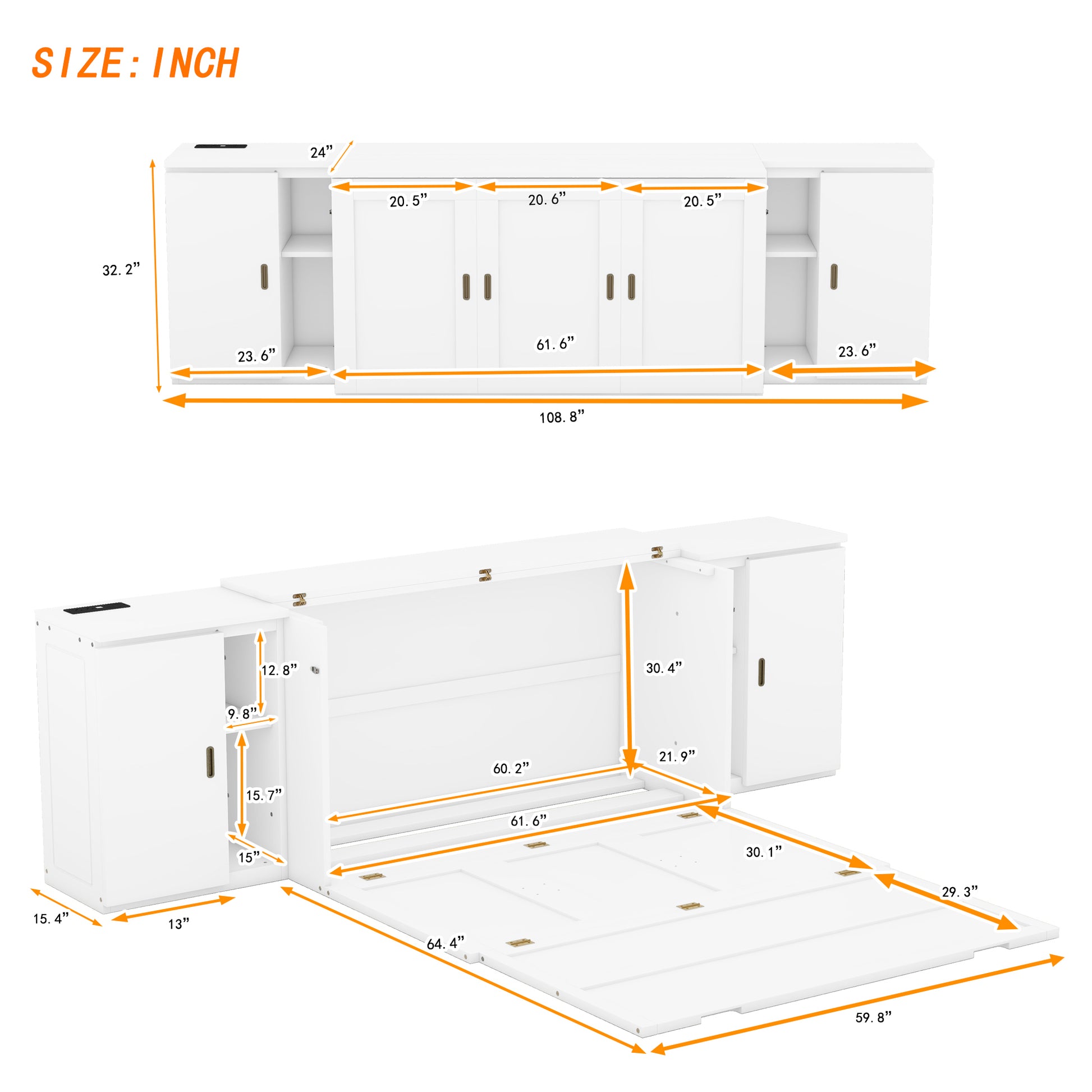 Queen Size Murphy Bed With Shelves, Cabinets And Usb Ports,White Queen White Mdf Lvl