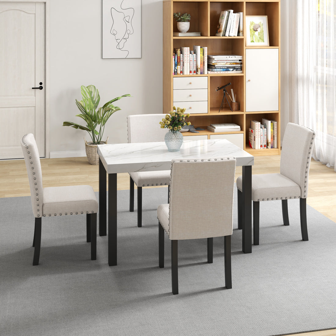 Five Piece Dining Set With Imitation Marble Tabletop, Restaurant Combination Set, Solid Wood Dining Table And 4 Chairs, Space Saving Combination Furniture For Kitchen And Dining Room. Black White Solid Wood Mdf