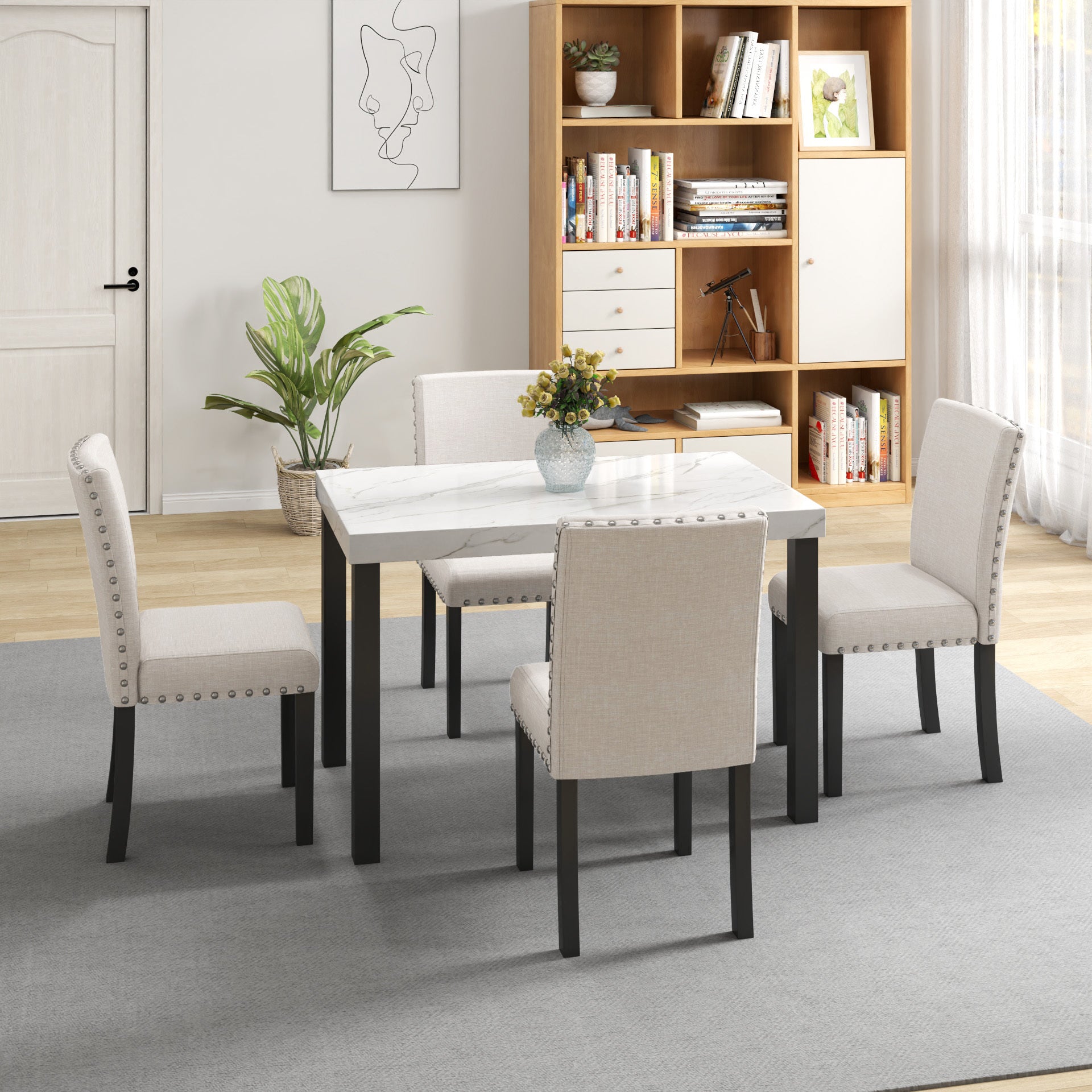Five Piece Dining Set With Imitation Marble Tabletop, Restaurant Combination Set, Solid Wood Dining Table And 4 Chairs, Space Saving Combination Furniture For Kitchen And Dining Room. Black White Solid Wood Mdf