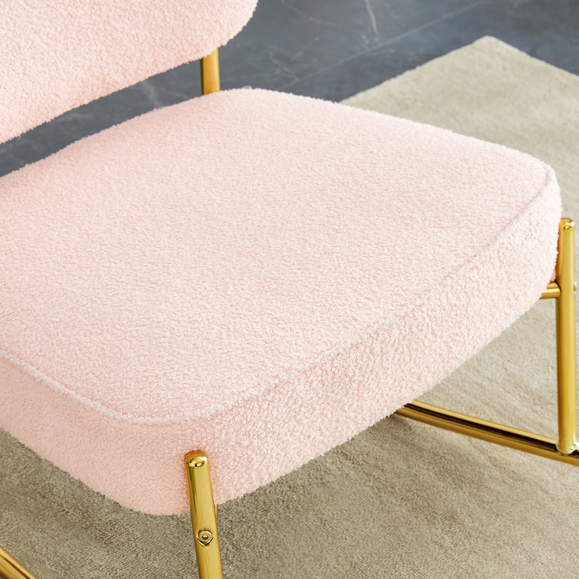 Teddy Velvet Material Cushioned Rocking Chair, Unique Rocking Chair, Cushioned Seat, Pink Backrest Rocking Chair, And Golden Metal Legs. Comfortable Side Chairs In The Living Room, Bedroom, And Office Pink Velvet