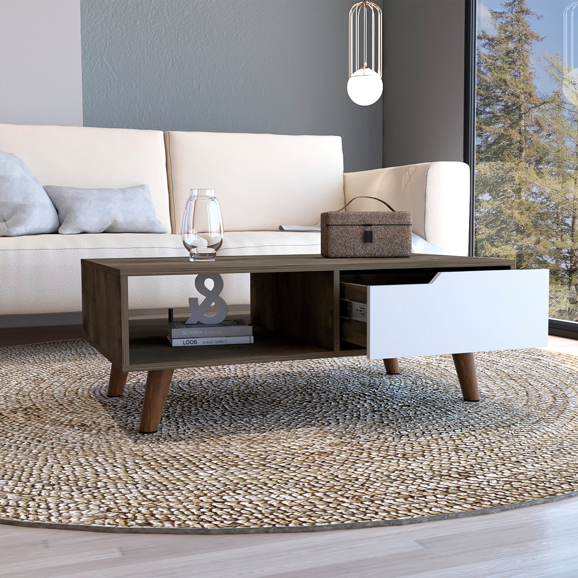 15" H Rectangular Dark Brown White Coffee Table, 4 Metal Legs, 1 Vertical Divider For Designer Books, And 1 Drawer For Storing Small Things. Multicolor Particle Board Particle Board