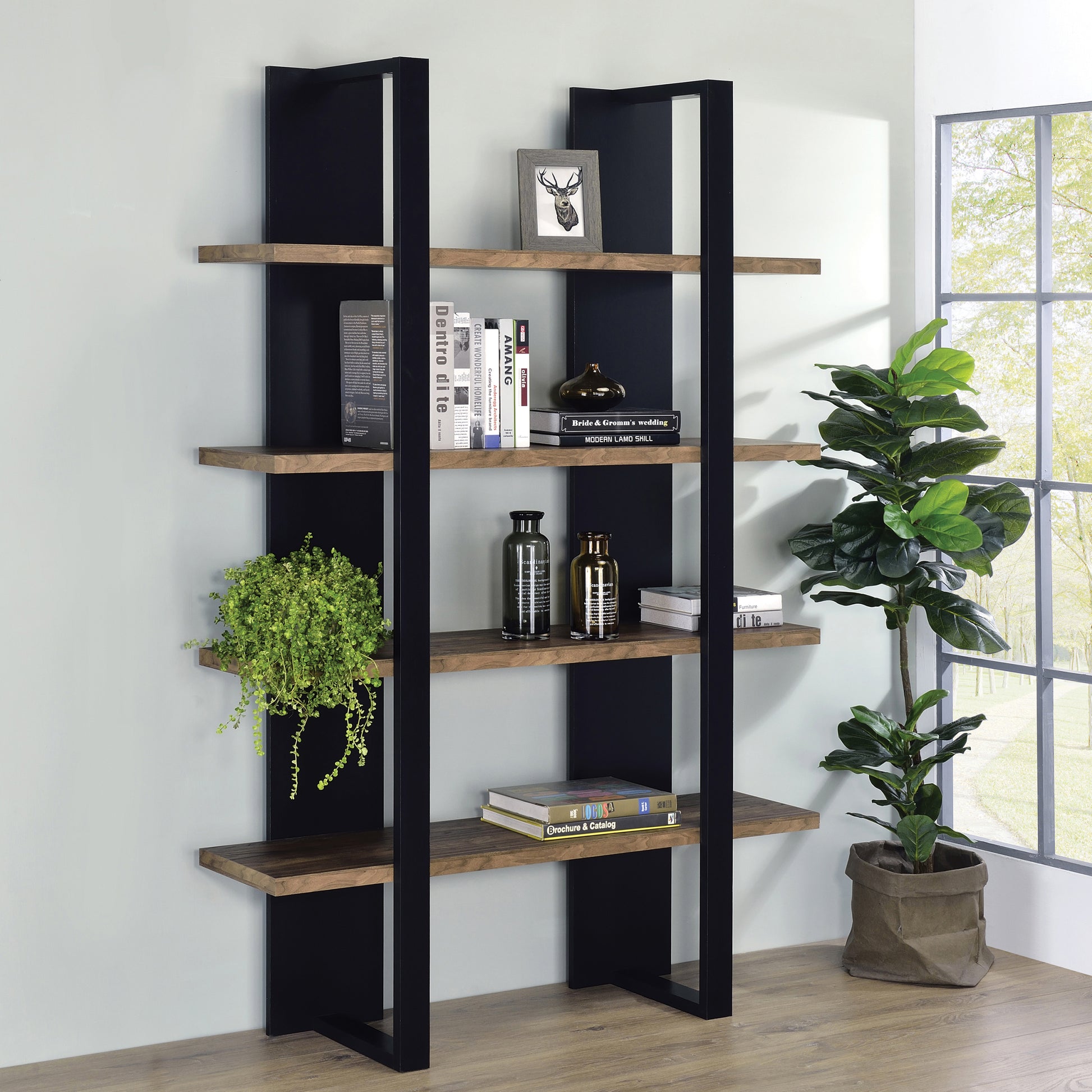 Mystrene Black And Walnut 4 Shelf Bookcase 4 Black Etagere Vertical Primary Living Space Open Back Wood Contemporary,Modern Wood