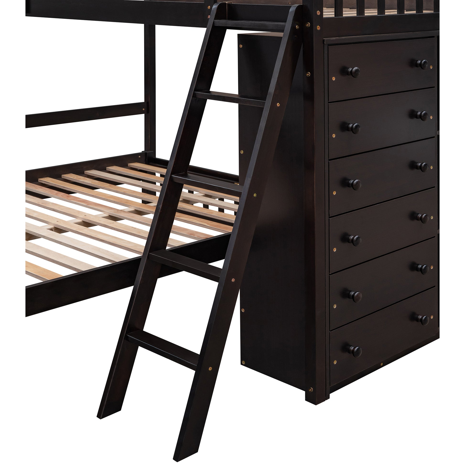 Wooden Twin Over Full Bunk Bed With Six Drawers And Flexible Shelves,Bottom Bed With Wheels,Espresso Old Sku:Lp000531Aap Espresso Solid Wood