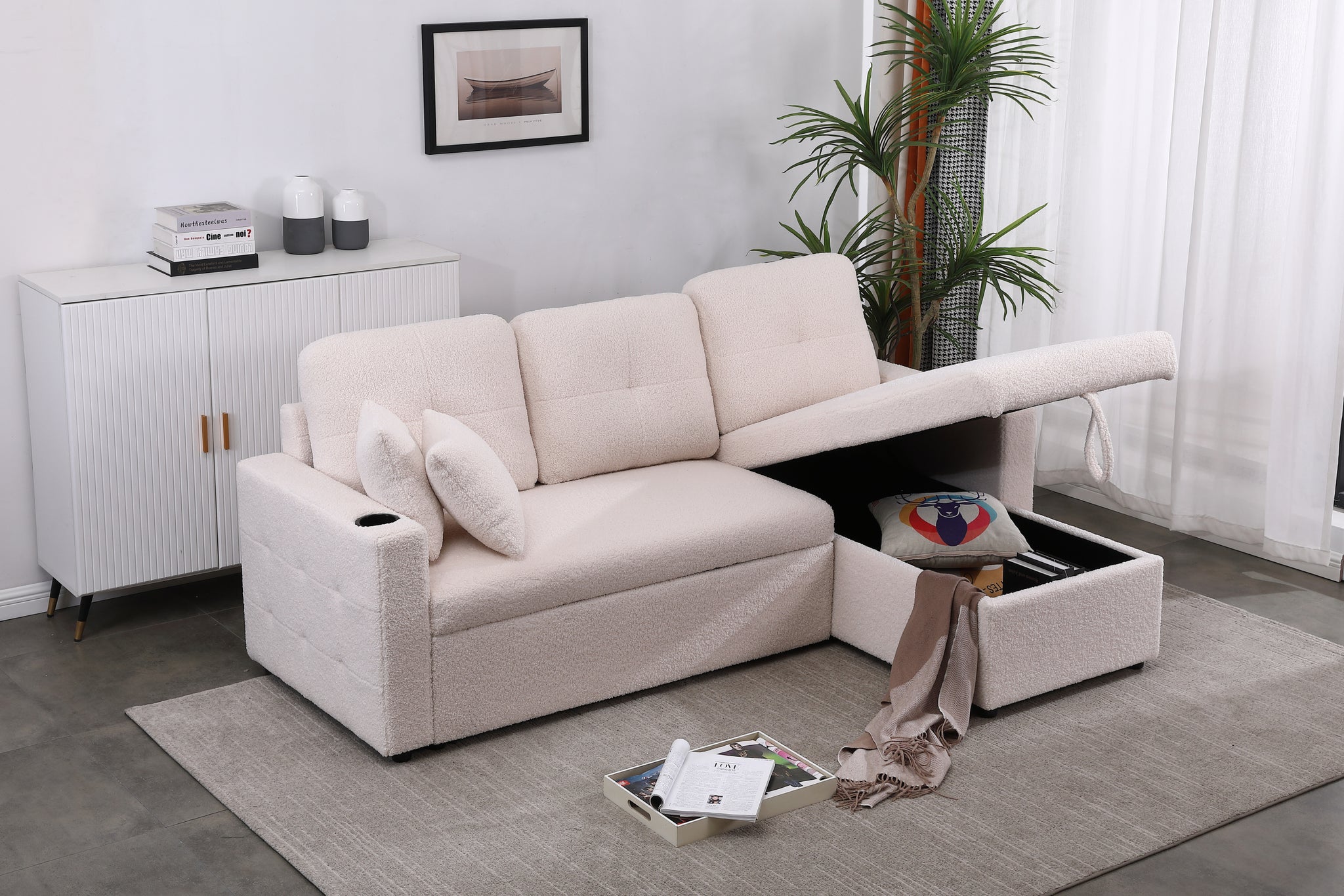 Lambswool Pull Out Sleeper Sectional Sofa With Storage Chaise Beige Wood Medium Firm Cushion Back Contemporary L Shaped Square Arms Foam Wool