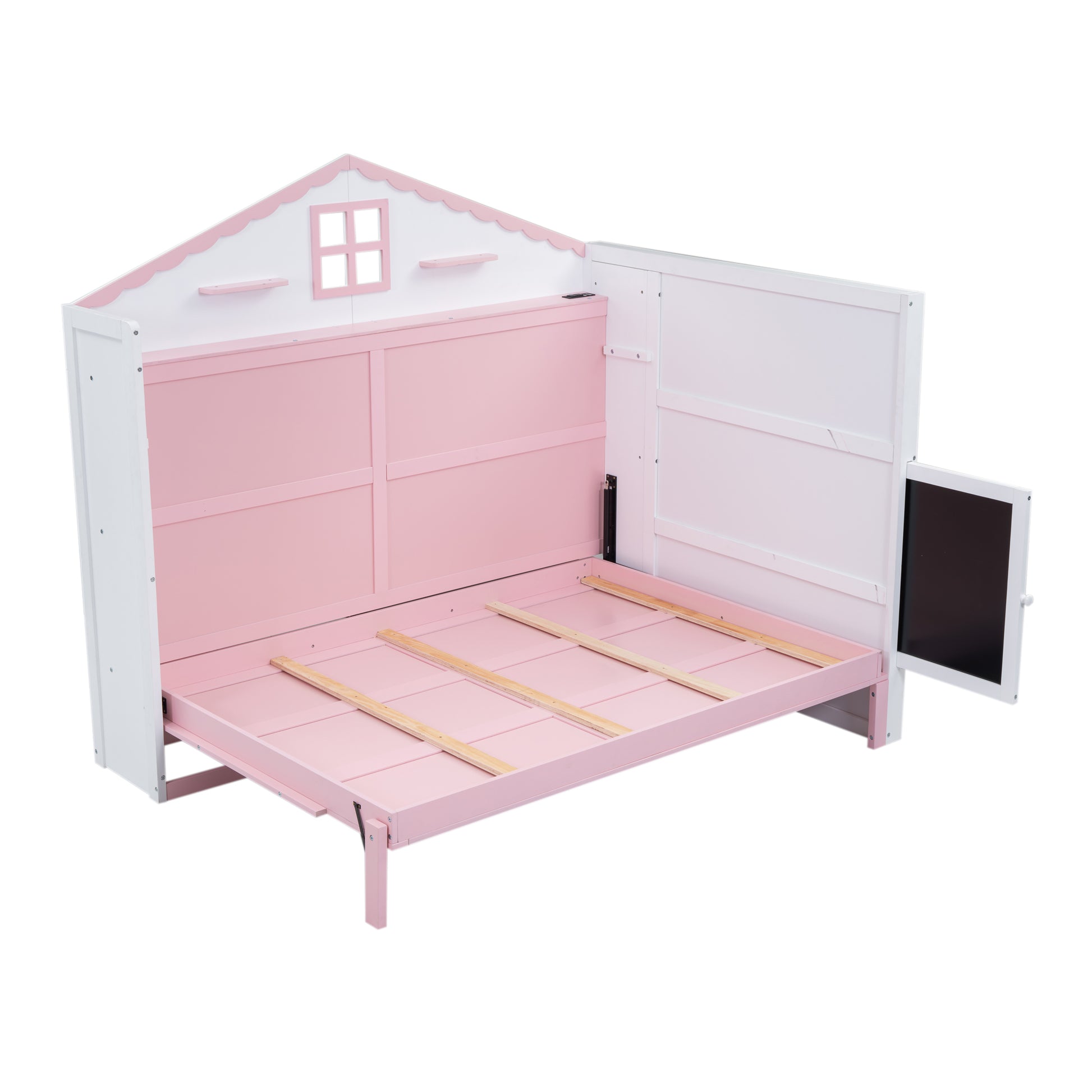 Wood Full Size House Murphy Bed With Usb, Storage Shelves And Blackboard, Pink White Box Spring Not Required Full Pink White Wood Bedroom Murphy Solid Wood Mdf