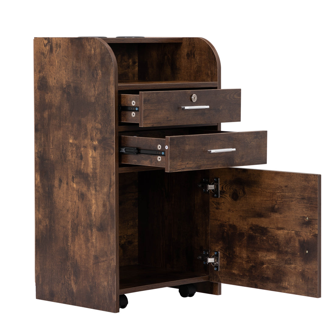 Salon Station, Hair Styling Station With Drawers, Cabinet And Hair Dryer Holders, Rustic Brown Brown Wood