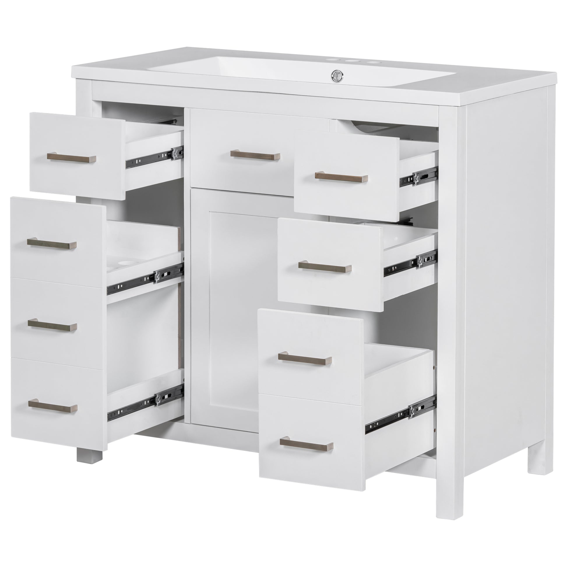 36 Inch Modern Bathroom Vanity Cabinet With Multifunctional Storage Space 5 Drawers And 1 Door White Solid Wood Mdf Resin