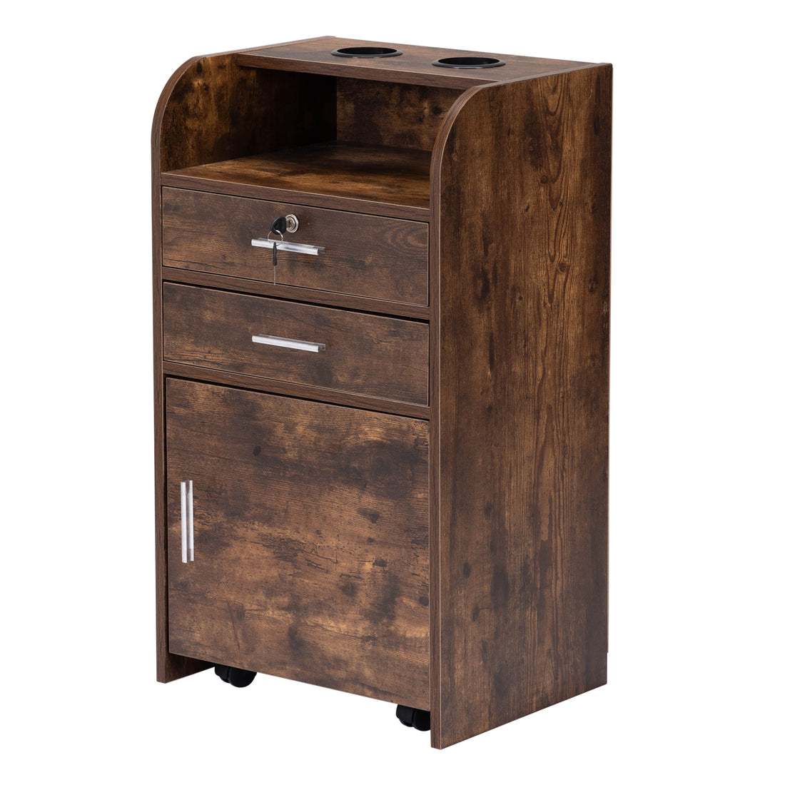 Salon Station, Hair Styling Station With Drawers, Cabinet And Hair Dryer Holders, Rustic Brown Brown Wood