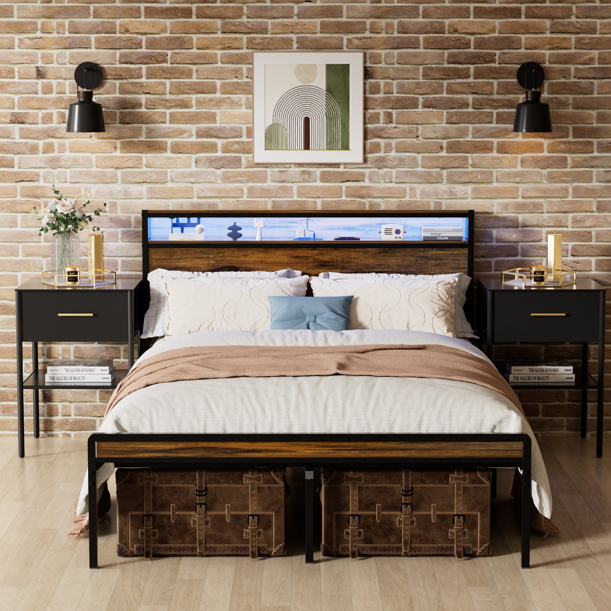 Queen Size Bed Frame, Storage Headboard With Led Light, Charging Station, Solid And Stable, Noise Free, No Box Spring Needed, Easy Assembly, Vintage Brown Box Spring Not Required Queen Antique Brown Iron Brown Bedroom American Design Bed Frame Particle