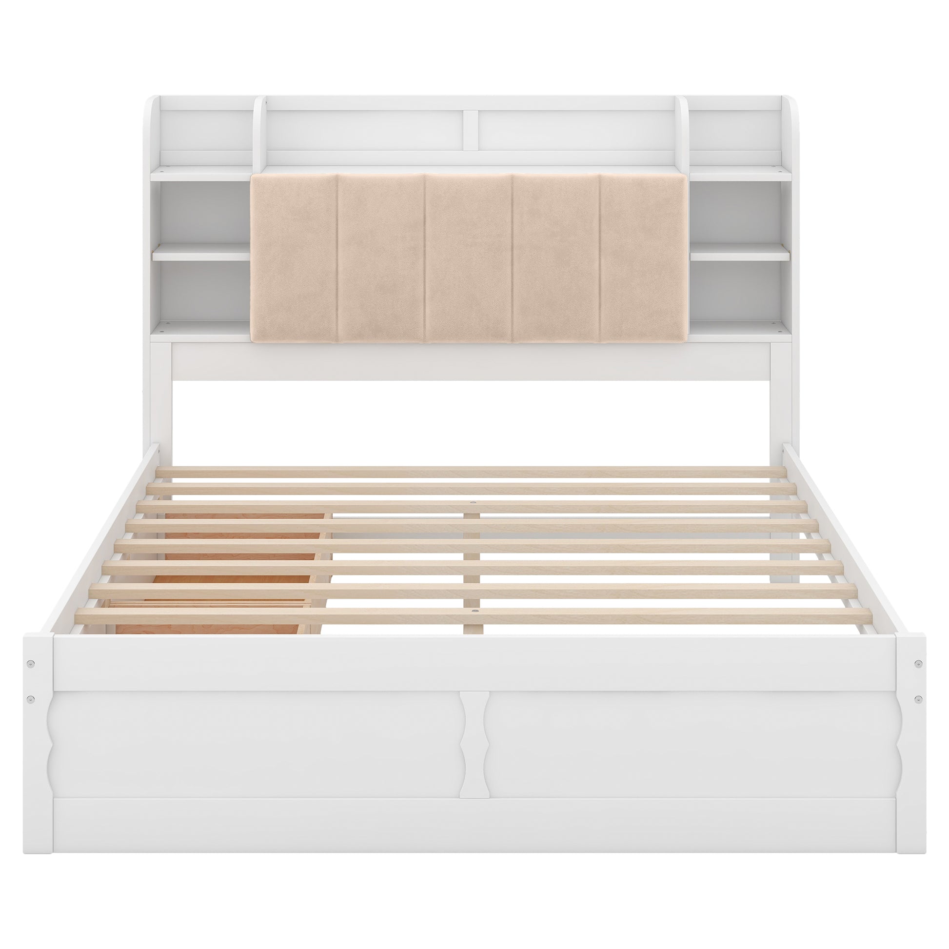 Wood Queen Size Platform Bed With Storage Headboard, Shelves And 2 Drawers, White Box Spring Not Required Queen White Wood Bedroom Bed Frame Solid Wood Mdf