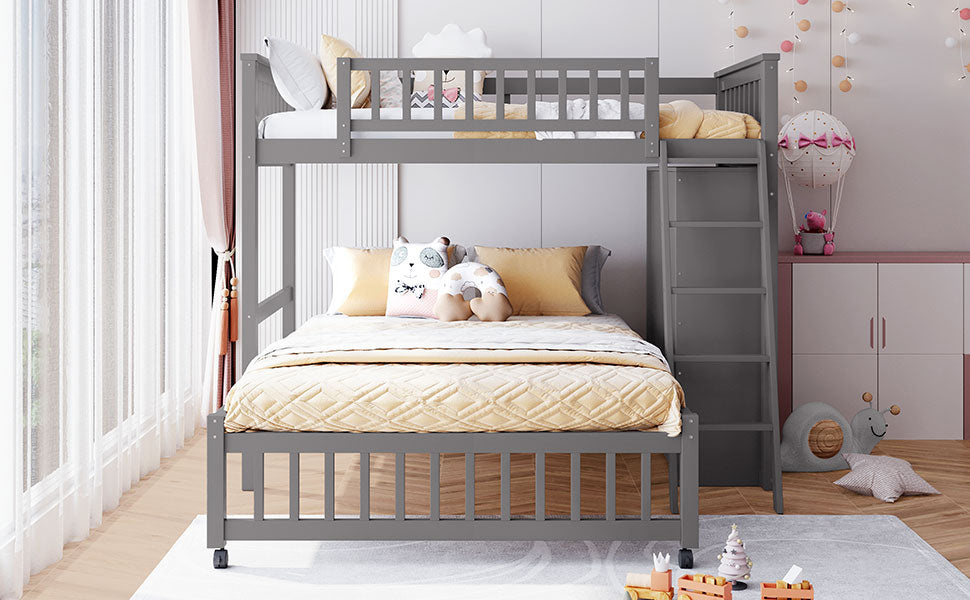 Wooden Twin Over Full Bunk Bed With Six Drawers And Flexible Shelves,Bottom Bed With Wheels,Gray Old Sku:Lp000531Aae Gray Solid Wood