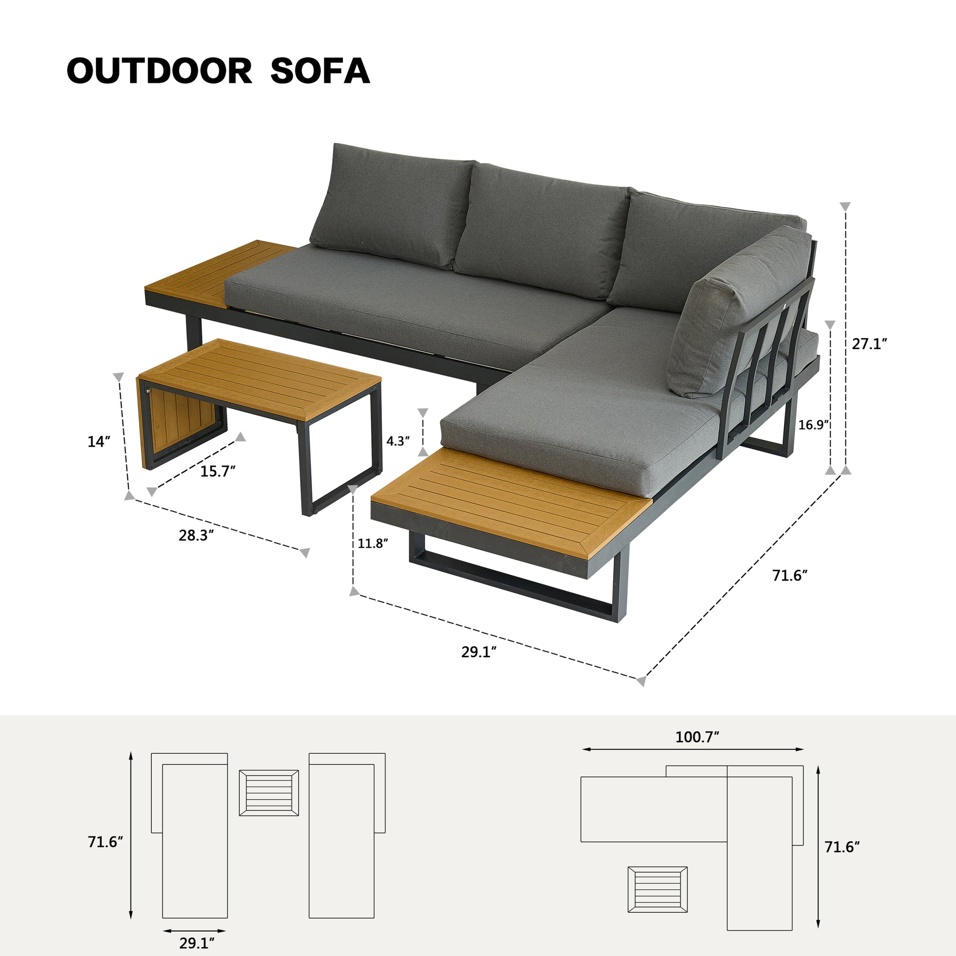 Aluminum Patio Furniture Set, Outdoor L Shaped Sectional Sofa With Plastic Wood Side Table And Soft Cushion For Backyard Poolside Gray Yellow Aluminum