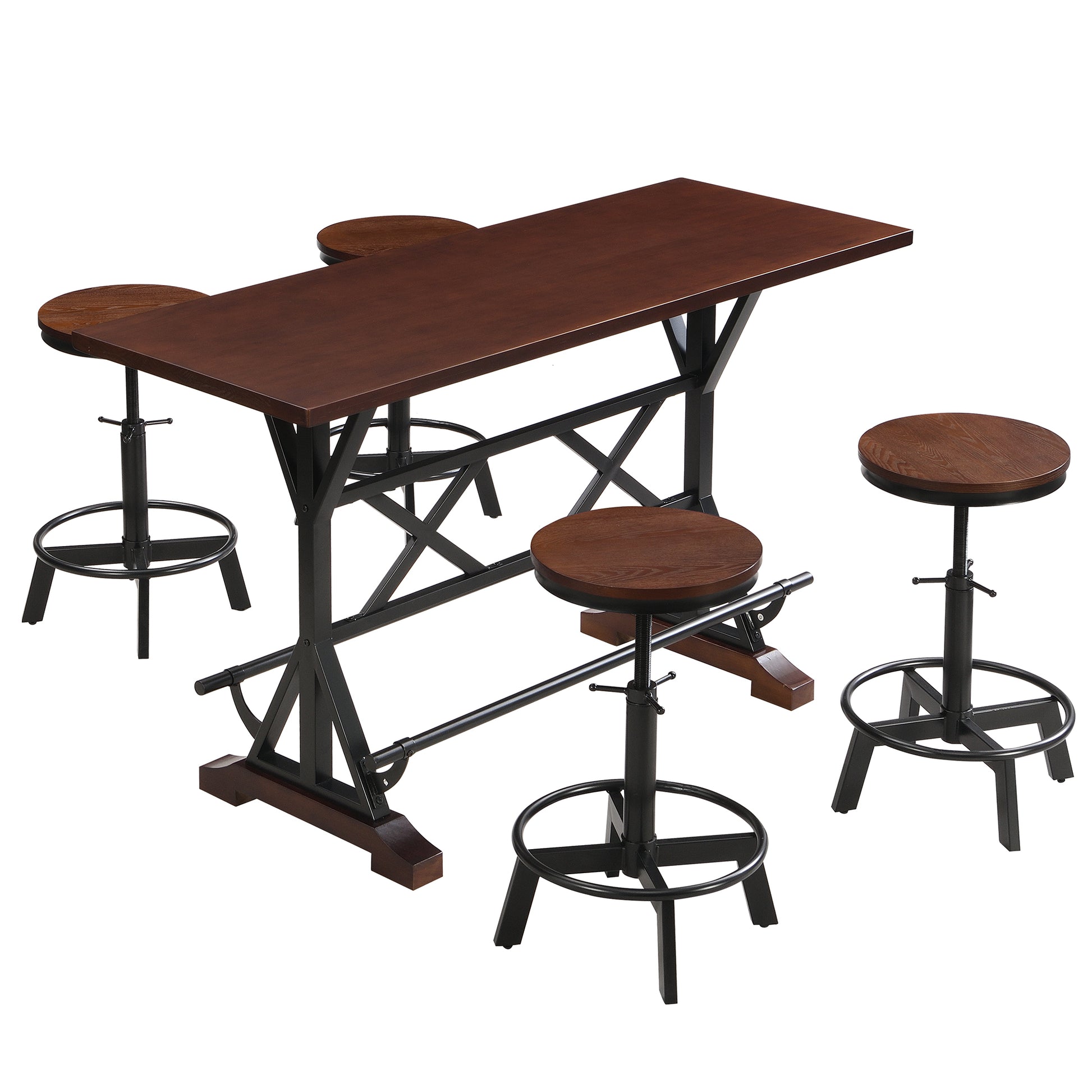 5 Piece Dining Table Set, 59" Wooden Sofa Side Table With Stabilizing Base, Rustic Brown Industrial Adjustable Height Chairs, Modern Bar Table And Chairs For Living Room, Dining Room, And Space Saving Metal Espresso Wood Classic Rectangular Solid Wood