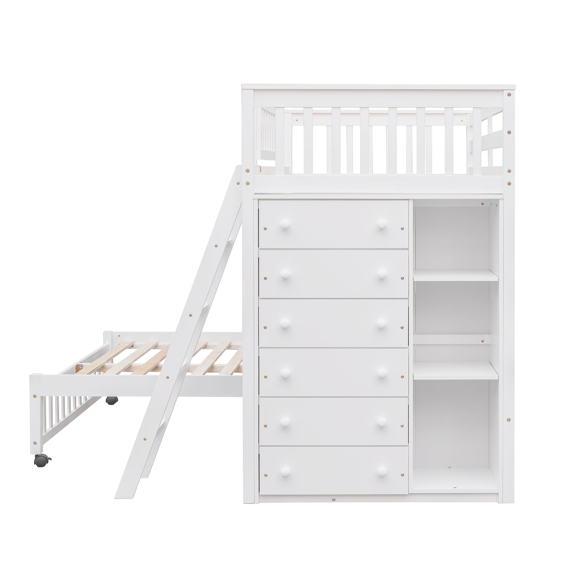 Wooden Twin Over Full Bunk Bed With Six Drawers And Flexible Shelves,Bottom Bed With Wheels,White Old Sku:Lp000531Aak White Solid Wood