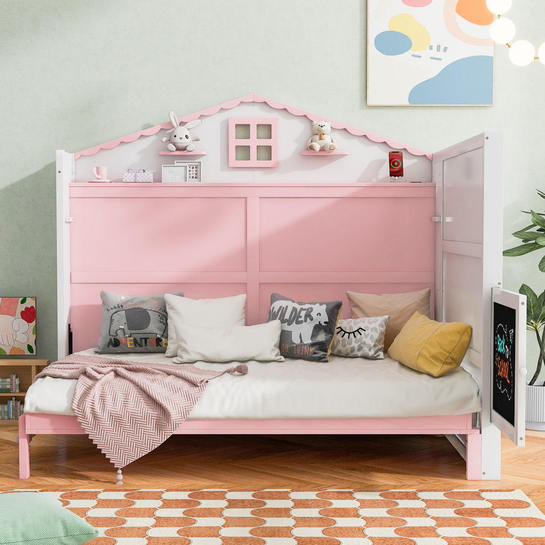 Wood Full Size House Murphy Bed With Usb, Storage Shelves And Blackboard, Pink White Box Spring Not Required Full Pink White Wood Bedroom Murphy Solid Wood Mdf