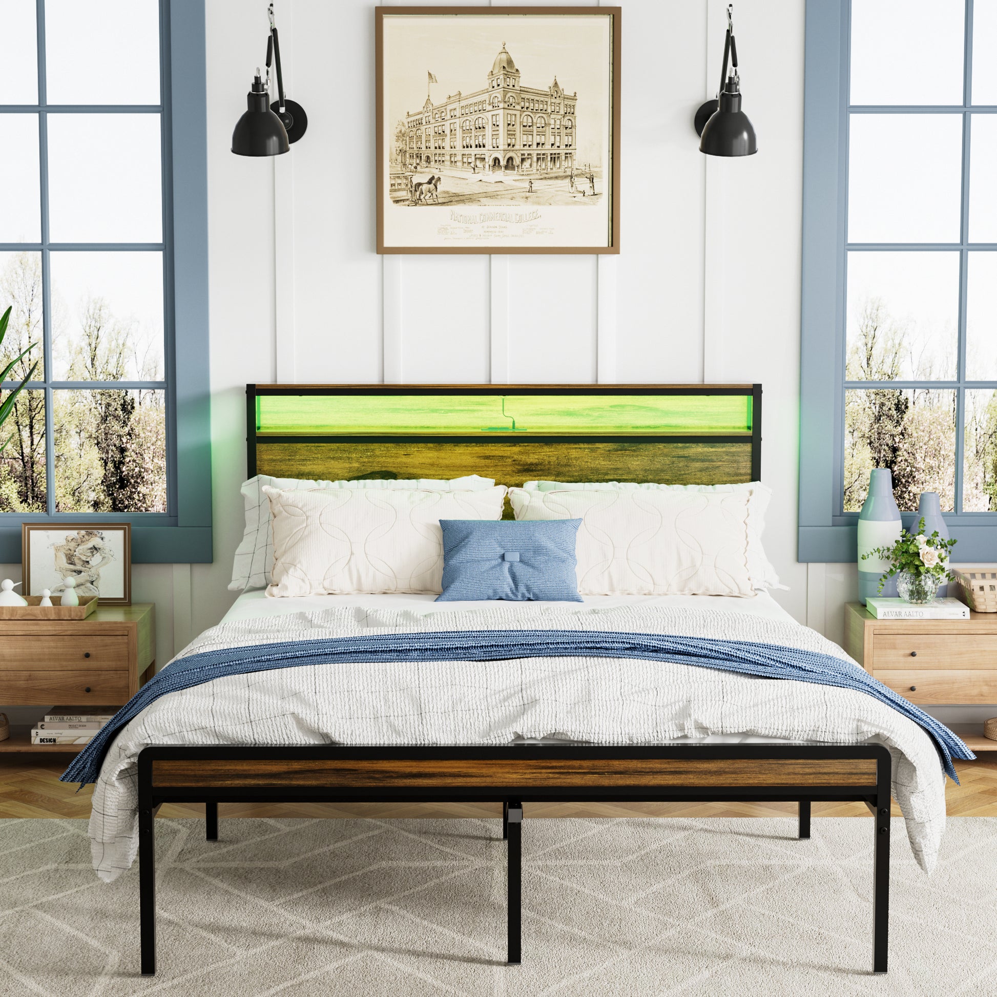 Queen Size Bed Frame, Storage Headboard With Led Light, Charging Station, Solid And Stable, Noise Free, No Box Spring Needed, Easy Assembly, Vintage Brown Box Spring Not Required Queen Antique Brown Iron Brown Bedroom American Design Bed Frame Particle