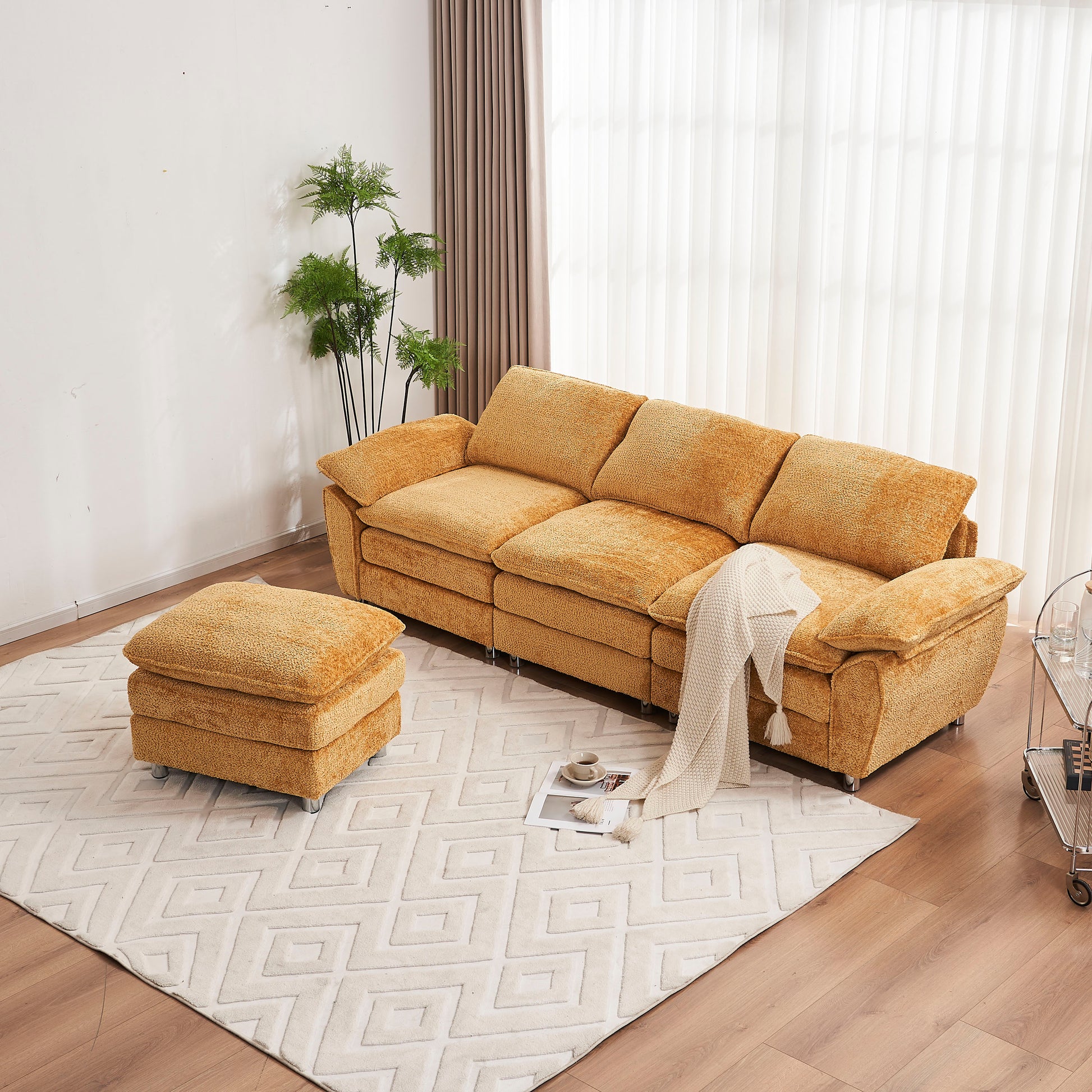 Modern Deep 3 Seat Sofa Couch With Ottoman, Polyester Sofa Sleeper Comfy Upholstered Furniture For Living Room, Apartment, Studio, Office,Yellow Yellow Polyester 3 Seat