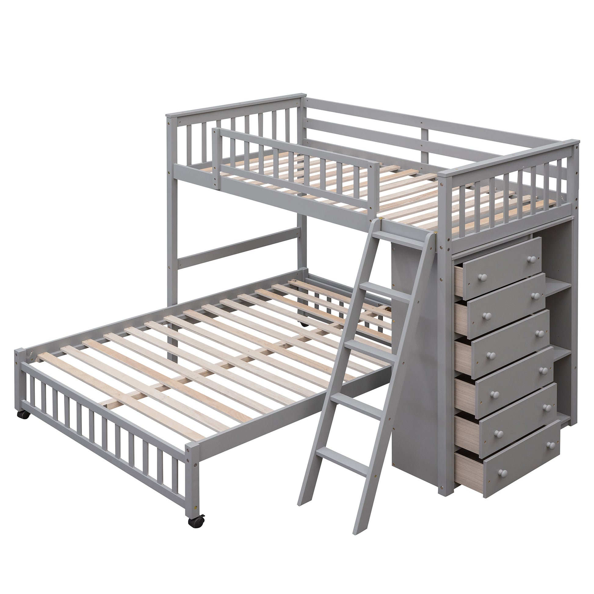 Wooden Twin Over Full Bunk Bed With Six Drawers And Flexible Shelves,Bottom Bed With Wheels,Gray Old Sku:Lp000531Aae Gray Solid Wood