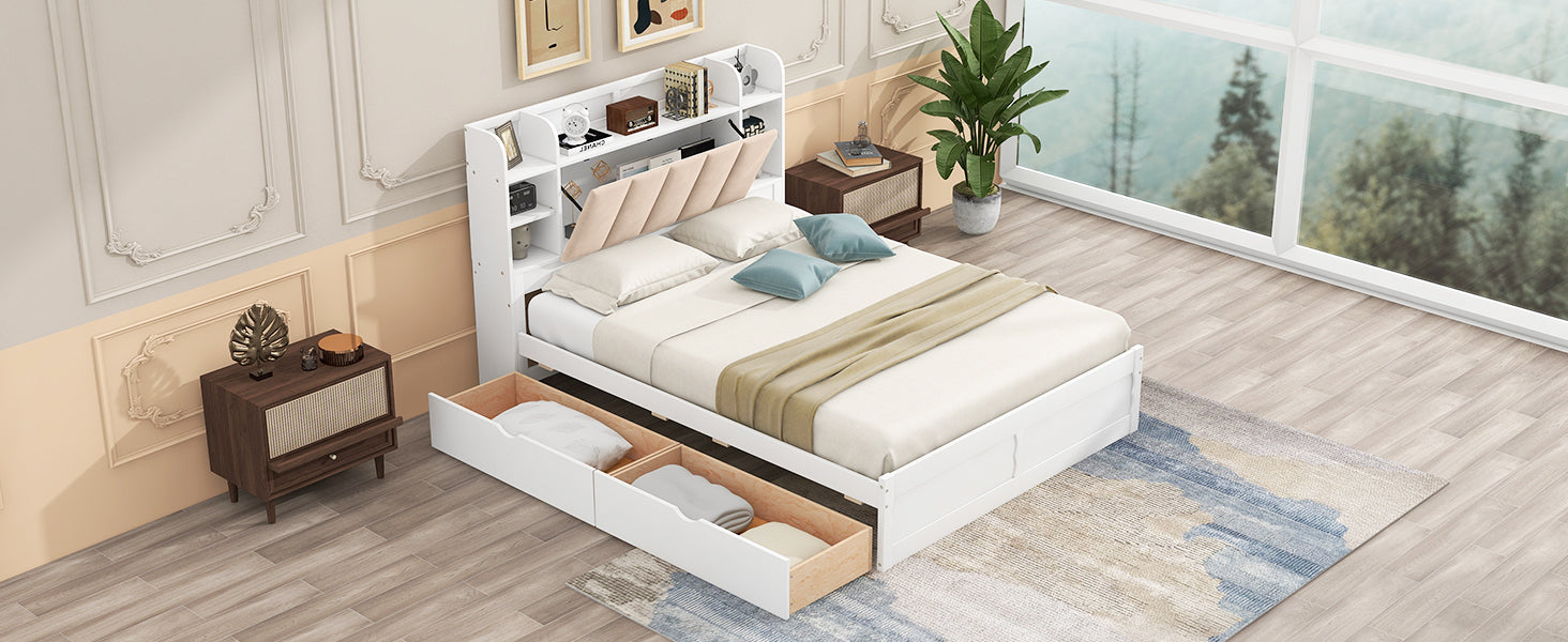 Wood Queen Size Platform Bed With Storage Headboard, Shelves And 2 Drawers, White Box Spring Not Required Queen White Wood Bedroom Bed Frame Solid Wood Mdf