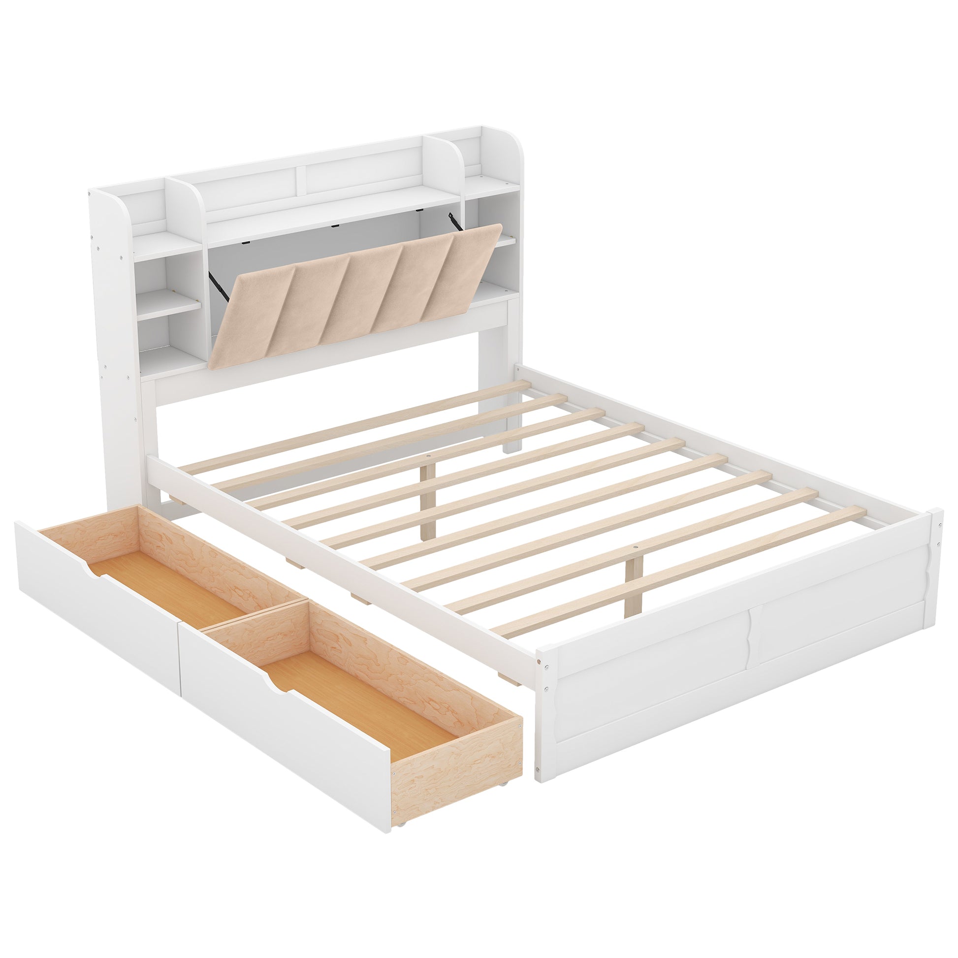 Wood Queen Size Platform Bed With Storage Headboard, Shelves And 2 Drawers, White Box Spring Not Required Queen White Wood Bedroom Bed Frame Solid Wood Mdf