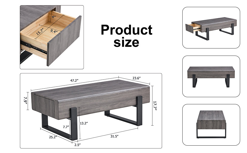 A Coffee Table Made Of Mdf Material. Equipped With Drawers Made Of Solid Wood Material. Can Store Things And Save Space. Paired With Black Metal Table Legs. Suitable For Living Room. Grey Mdf