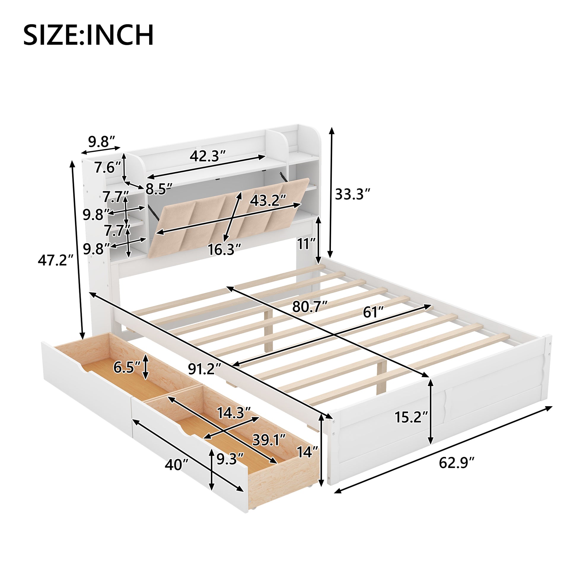 Wood Queen Size Platform Bed With Storage Headboard, Shelves And 2 Drawers, White Box Spring Not Required Queen White Wood Bedroom Bed Frame Solid Wood Mdf