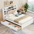 Wood Queen Size Platform Bed With Storage Headboard, Shelves And 2 Drawers, White Box Spring Not Required Queen White Wood Bedroom Bed Frame Solid Wood Mdf