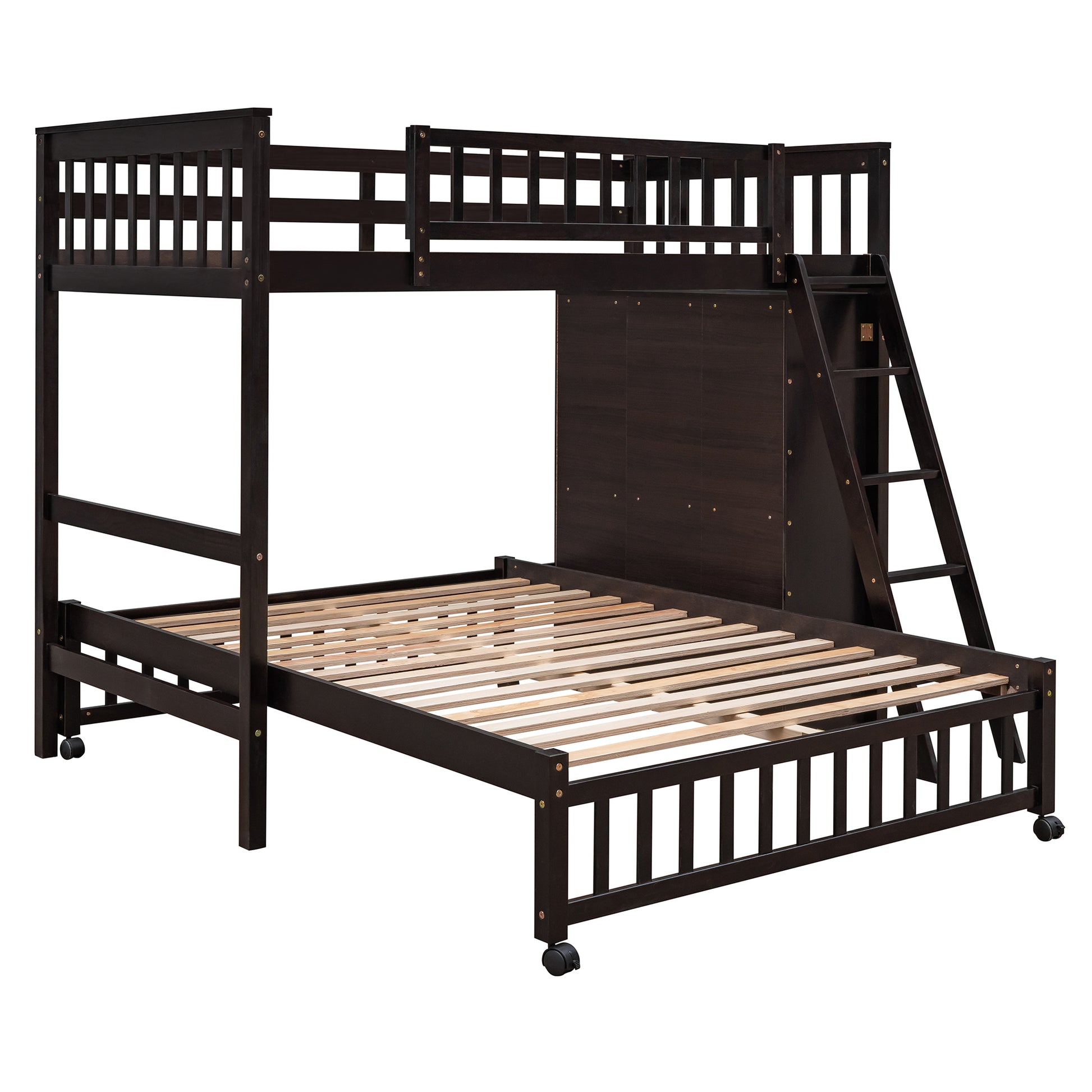 Wooden Twin Over Full Bunk Bed With Six Drawers And Flexible Shelves,Bottom Bed With Wheels,Espresso Old Sku:Lp000531Aap Espresso Solid Wood