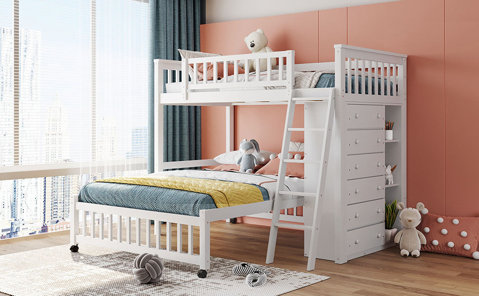 Wooden Twin Over Full Bunk Bed With Six Drawers And Flexible Shelves,Bottom Bed With Wheels,White Old Sku:Lp000531Aak White Solid Wood