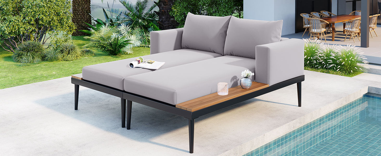 Modern Outdoor Daybed Patio Metal Daybed With Wood Topped Side Spaces For Drinks, 2 In 1 Padded Chaise Lounges For Poolside, Balcony, Deck, Gray Yes Lounge Gray Weather Resistant Frame Fade