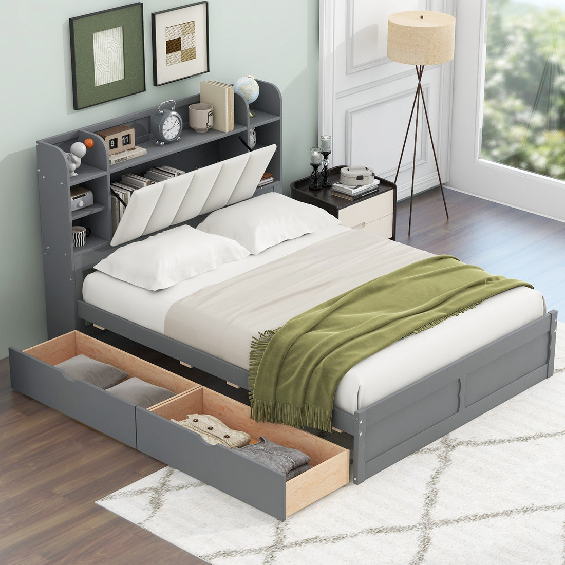 Wood Queen Size Platform Bed With Storage Headboard, Shelves And 2 Drawers, Gray Box Spring Not Required Queen Gray Wood Bedroom Bed Frame Solid Wood Mdf