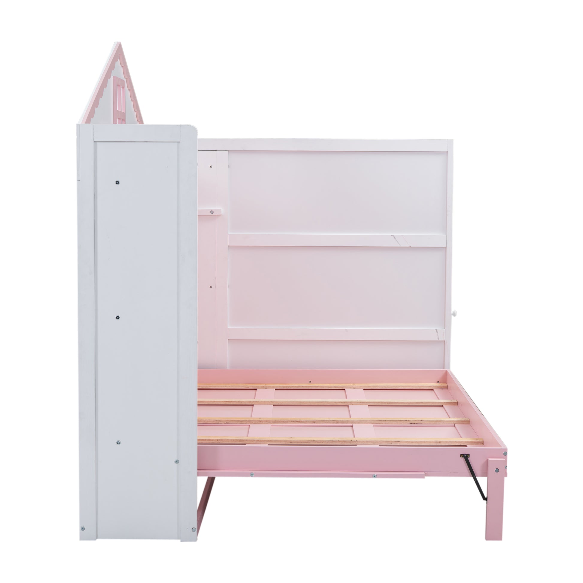 Wood Full Size House Murphy Bed With Usb, Storage Shelves And Blackboard, Pink White Box Spring Not Required Full Pink White Wood Bedroom Murphy Solid Wood Mdf