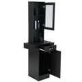 Classic Barber Station, Salon Station With Locking Drawer, Glass Door, Storage Cabinets, Dryer Holders, Wood Hair Styling Equipment, Black Black Particle Board