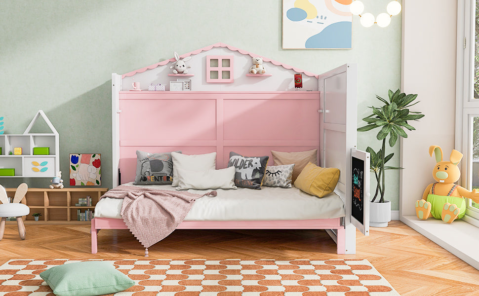 Wood Full Size House Murphy Bed With Usb, Storage Shelves And Blackboard, Pink White Box Spring Not Required Full Pink White Wood Bedroom Murphy Solid Wood Mdf