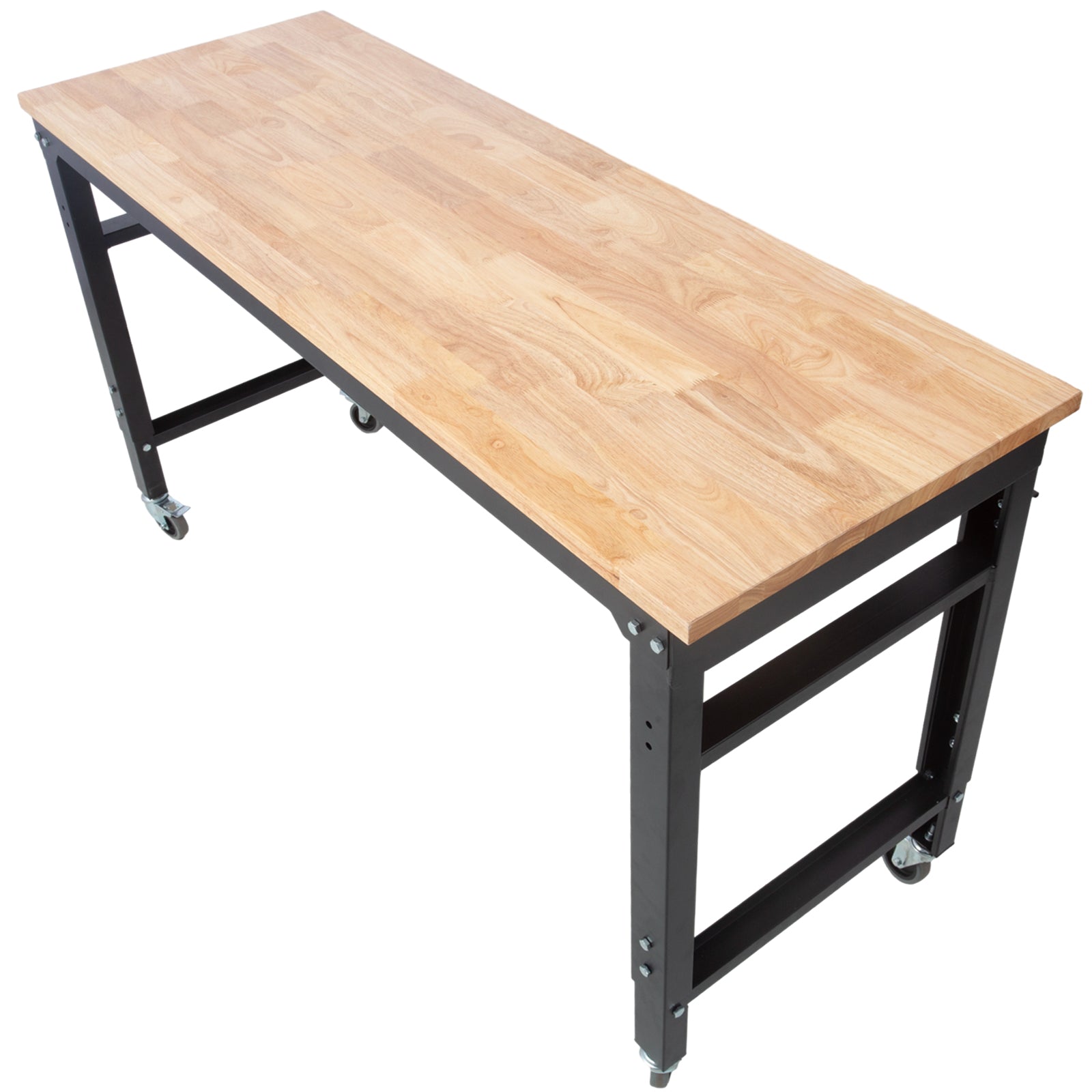 Workbench 60" Wide Rolling Workbenches For Garage Adjustable Height, Workshop Tool Bench, Metal With Rubber Wood Top Black Steel