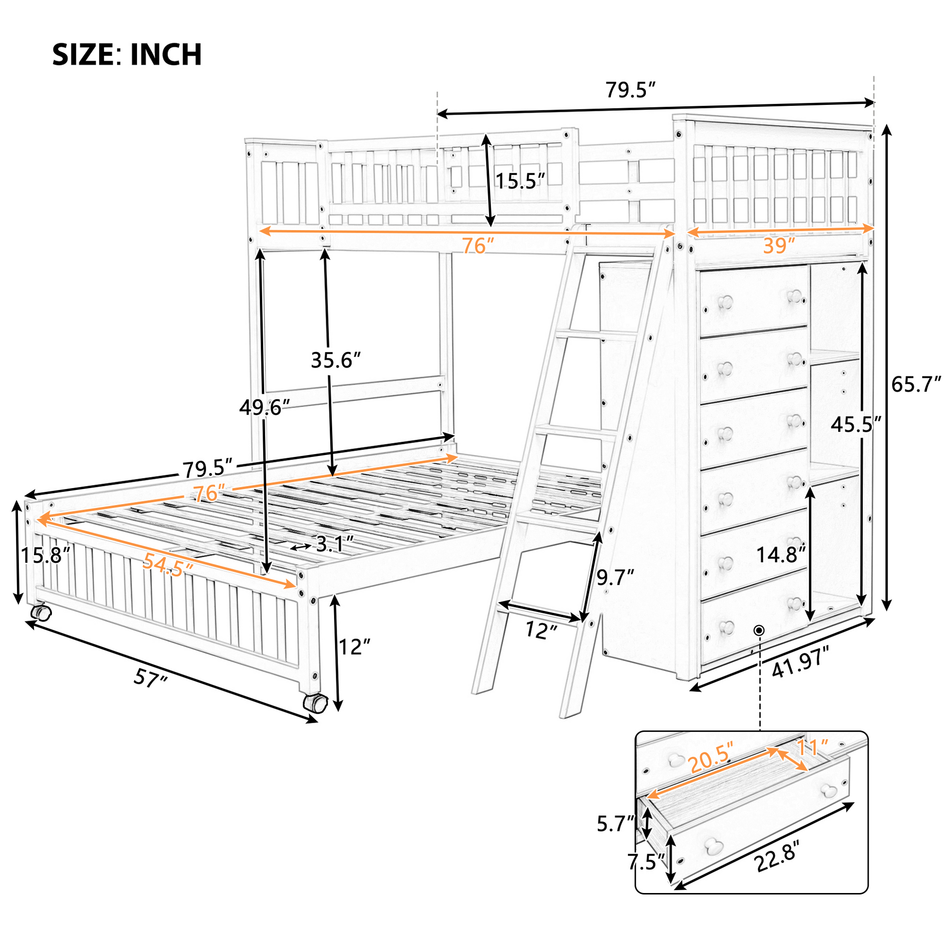 Wooden Twin Over Full Bunk Bed With Six Drawers And Flexible Shelves,Bottom Bed With Wheels,White Old Sku:Lp000531Aak White Solid Wood