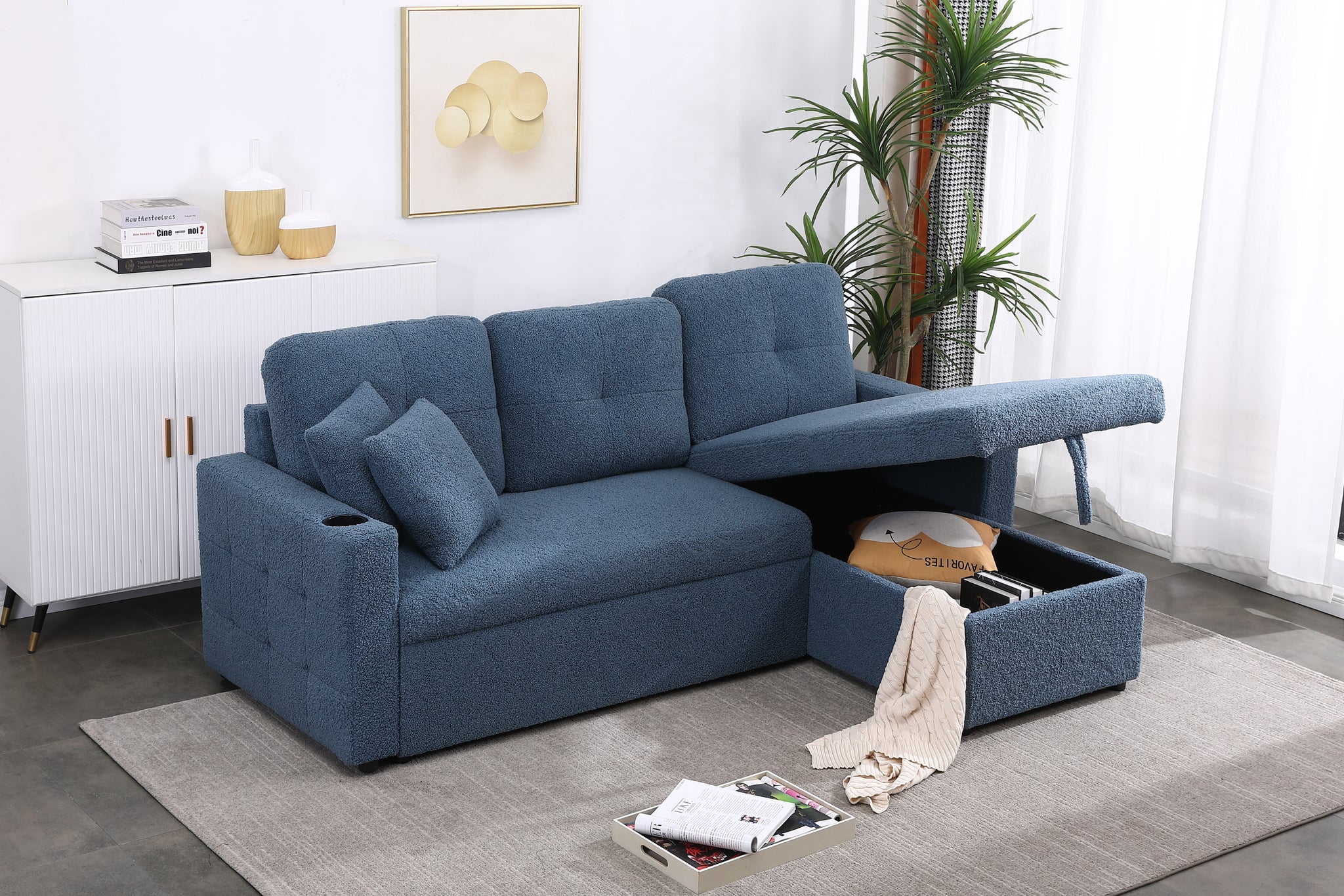 Lambswool Pull Out Sleeper Sectional Sofa With Storage Chaise Green Wood Medium Firm Cushion Back Contemporary L Shaped Square Arms Foam Wool