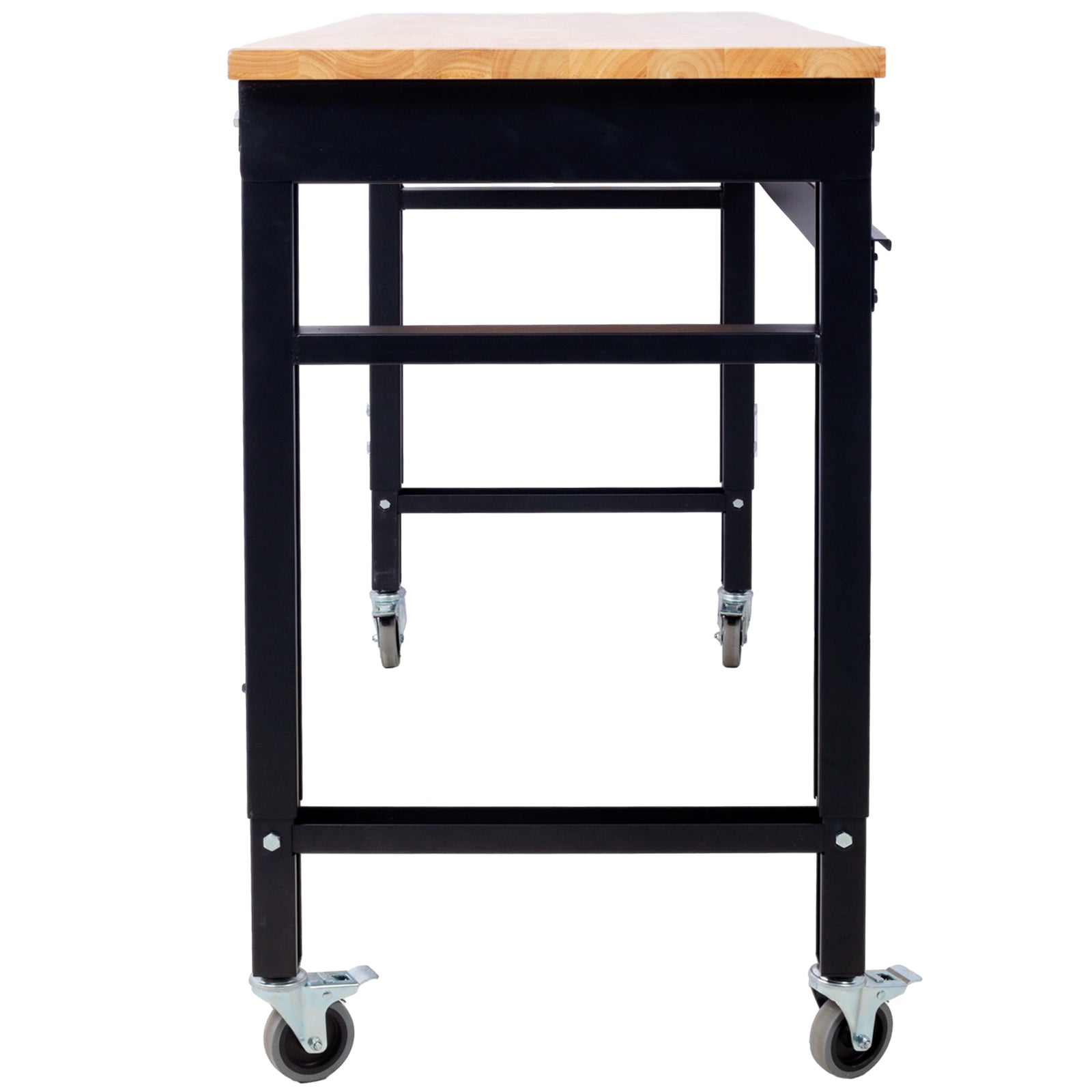 Workbench 60" Wide Rolling Workbenches For Garage Adjustable Height, Workshop Tool Bench, Metal With Rubber Wood Top Black Steel