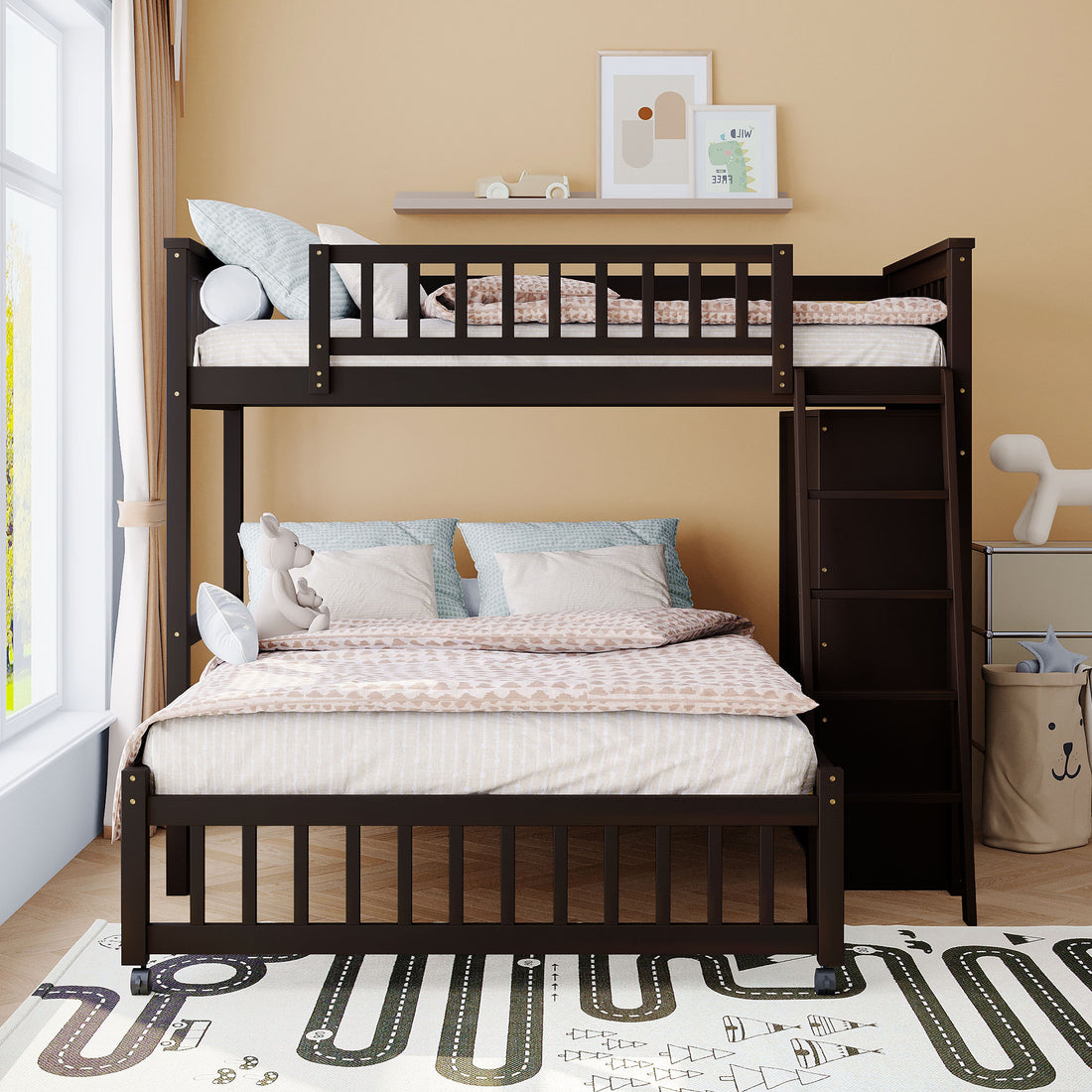 Wooden Twin Over Full Bunk Bed With Six Drawers And Flexible Shelves,Bottom Bed With Wheels,Espresso Old Sku:Lp000531Aap Espresso Solid Wood