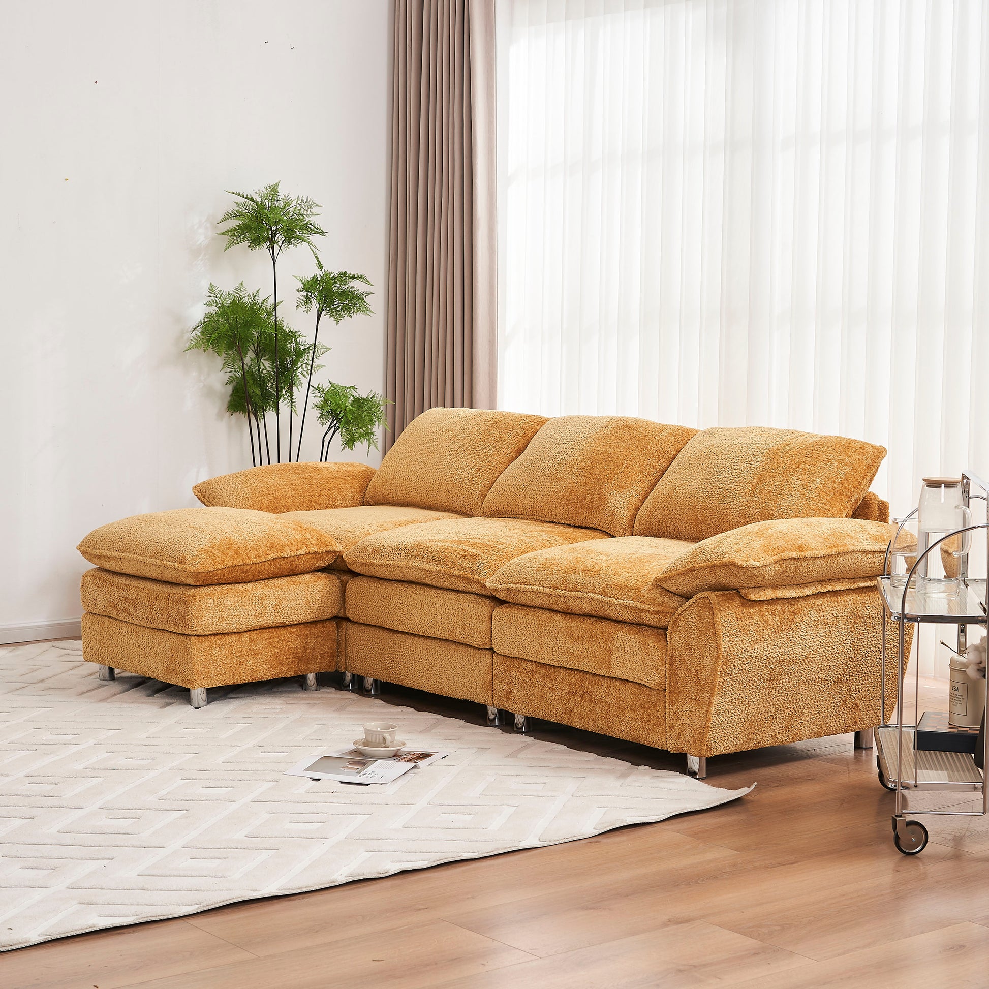 Modern Deep 3 Seat Sofa Couch With Ottoman, Polyester Sofa Sleeper Comfy Upholstered Furniture For Living Room, Apartment, Studio, Office,Yellow Yellow Polyester 3 Seat