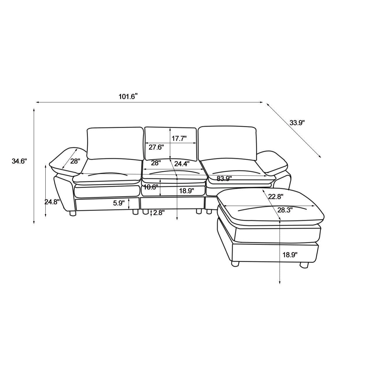 Modern Deep 3 Seat Sofa Couch With Ottoman, Polyester Sofa Sleeper Comfy Upholstered Furniture For Living Room, Apartment, Studio, Office, Beige Beige Polyester 3 Seat