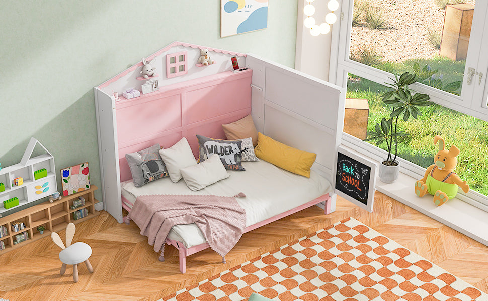 Wood Full Size House Murphy Bed With Usb, Storage Shelves And Blackboard, Pink White Box Spring Not Required Full Pink White Wood Bedroom Murphy Solid Wood Mdf