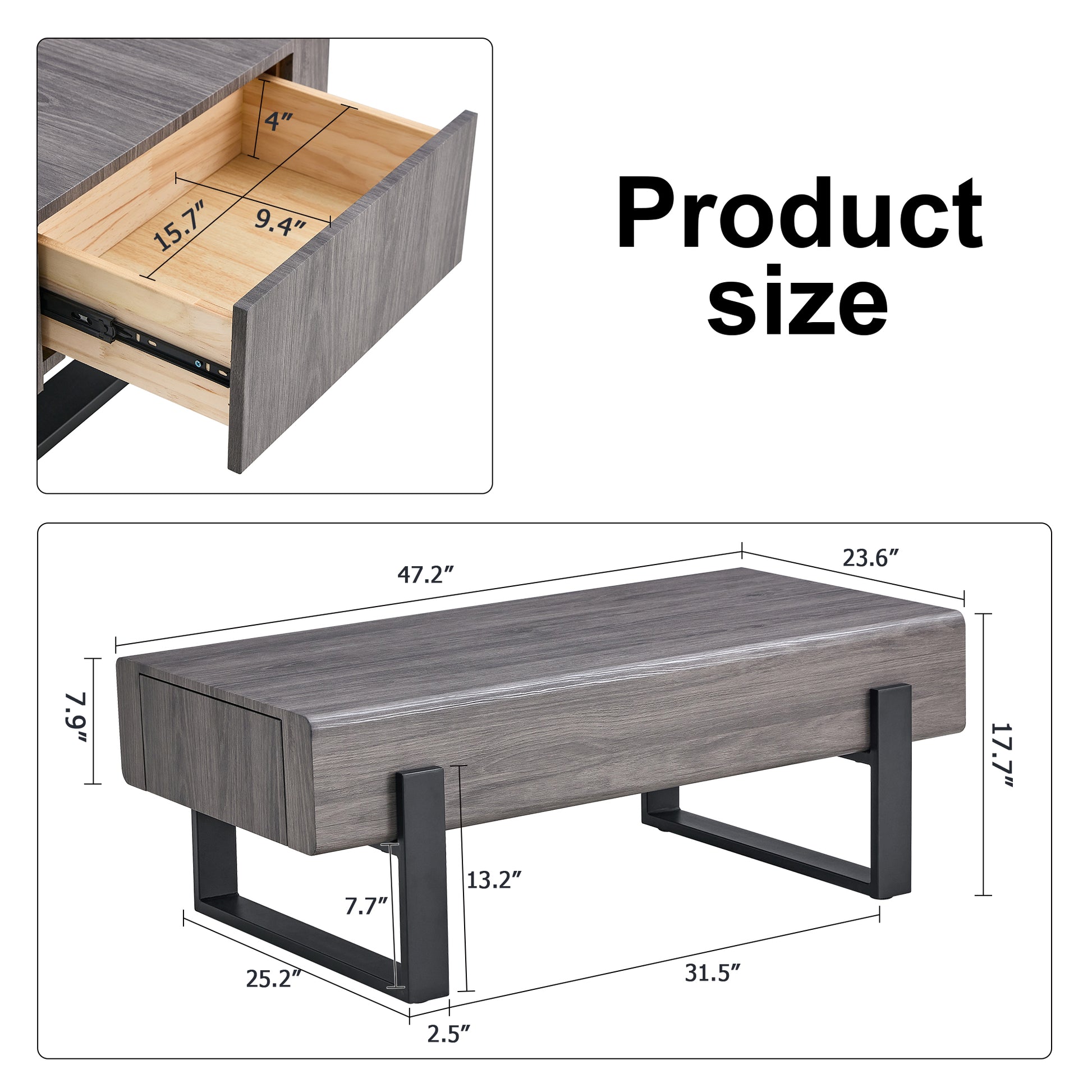 A Coffee Table Made Of Mdf Material. Equipped With Drawers Made Of Solid Wood Material. Can Store Things And Save Space. Paired With Black Metal Table Legs. Suitable For Living Room. Grey Mdf