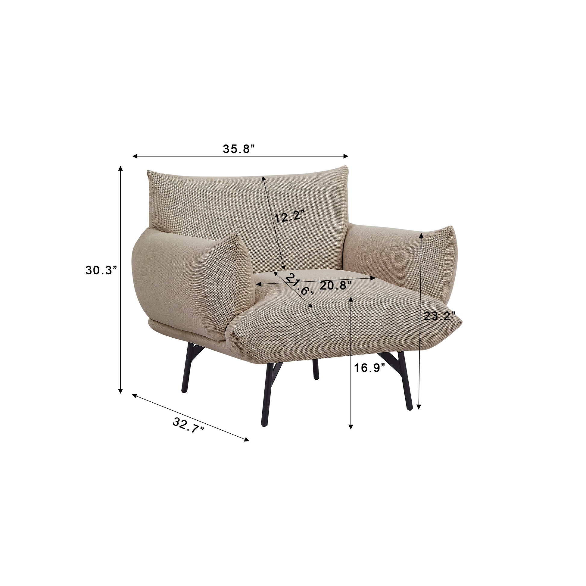 36" Modern Accent Upholstered Armchair, Beige Flannelette Fabric Reading Chair, Originality Of Shapes And Black Metal Legs Single Sofa For Bedroom, Apartment, Office, Lounge. Beige Foam Fabric