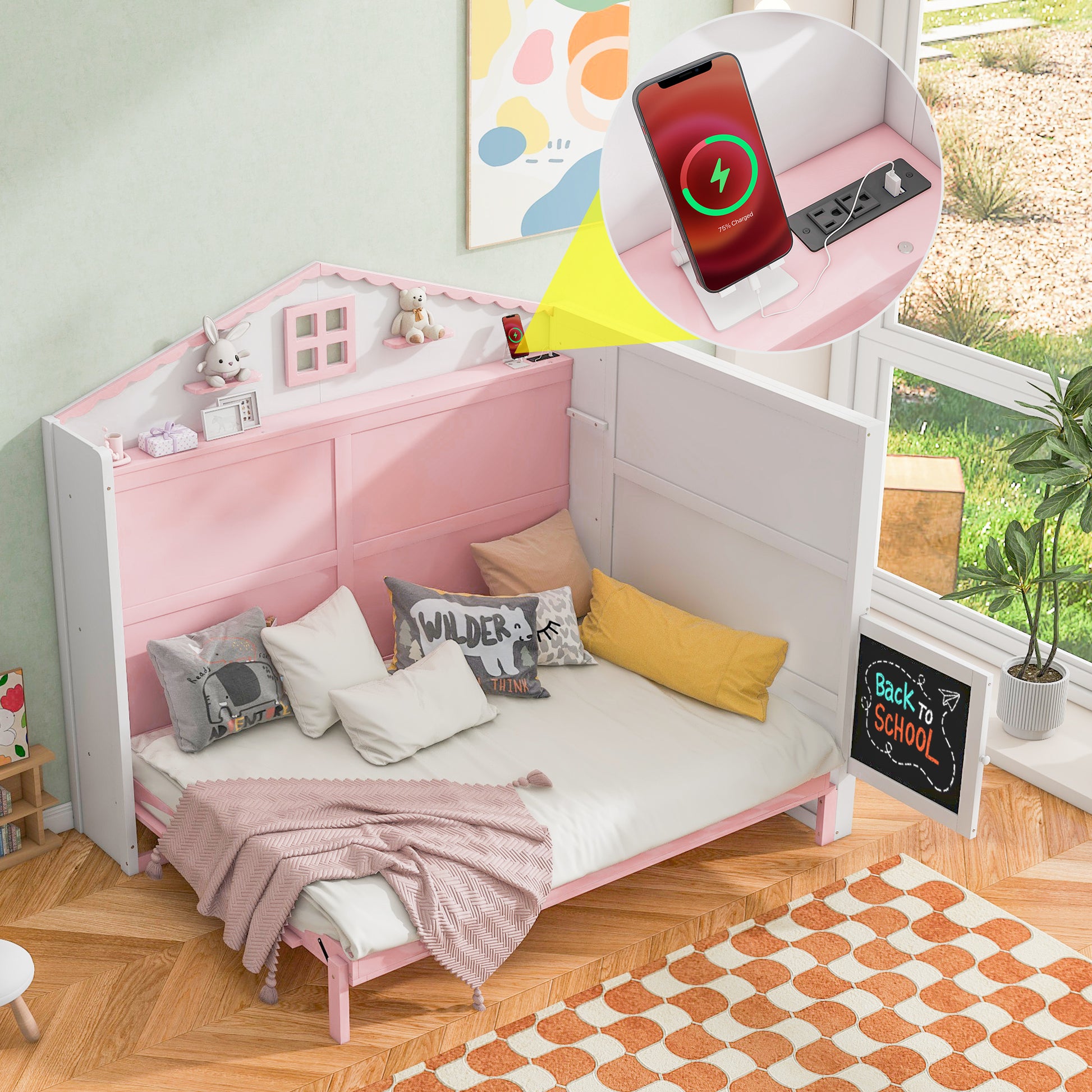 Wood Full Size House Murphy Bed With Usb, Storage Shelves And Blackboard, Pink White Box Spring Not Required Full Pink White Wood Bedroom Murphy Solid Wood Mdf