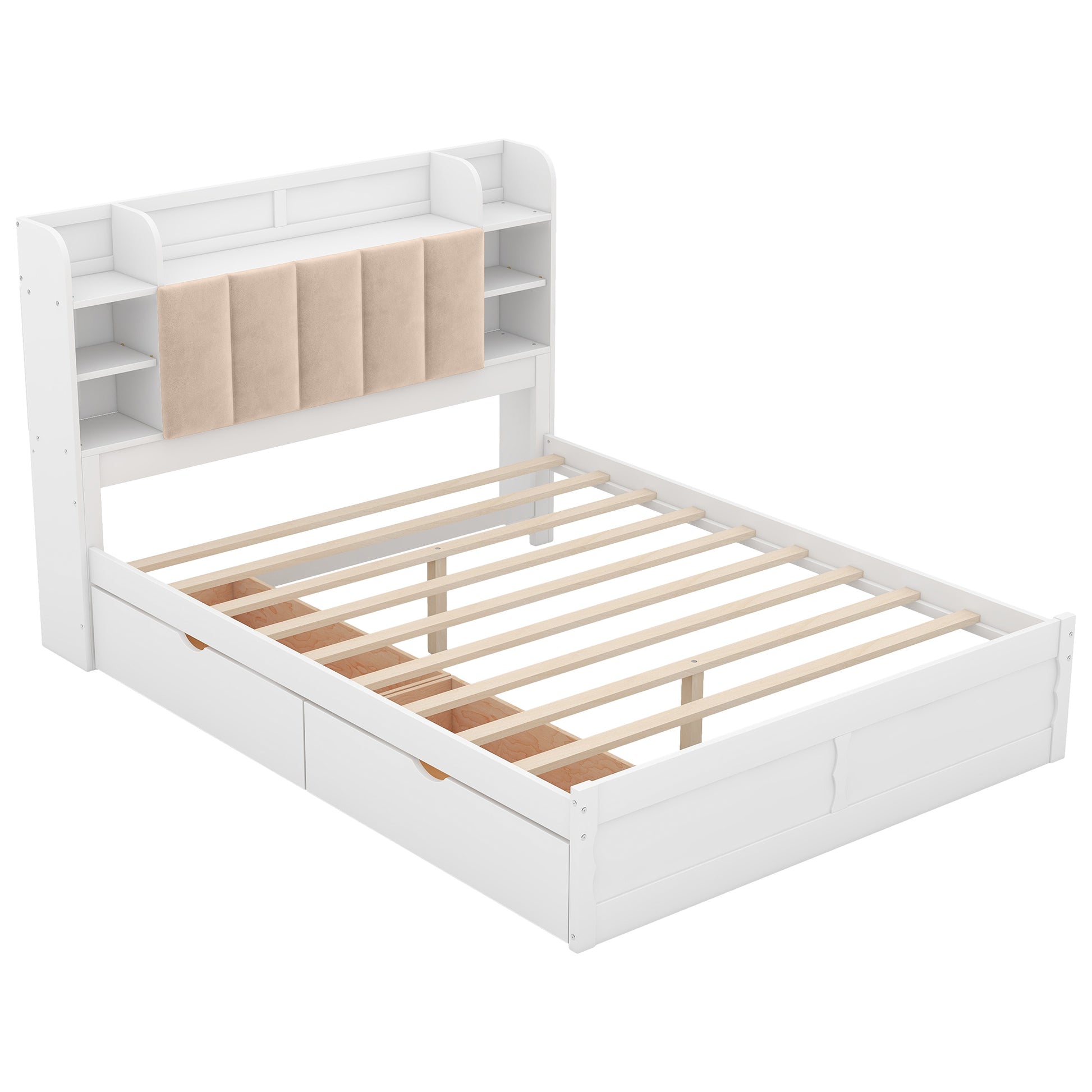 Wood Queen Size Platform Bed With Storage Headboard, Shelves And 2 Drawers, White Box Spring Not Required Queen White Wood Bedroom Bed Frame Solid Wood Mdf