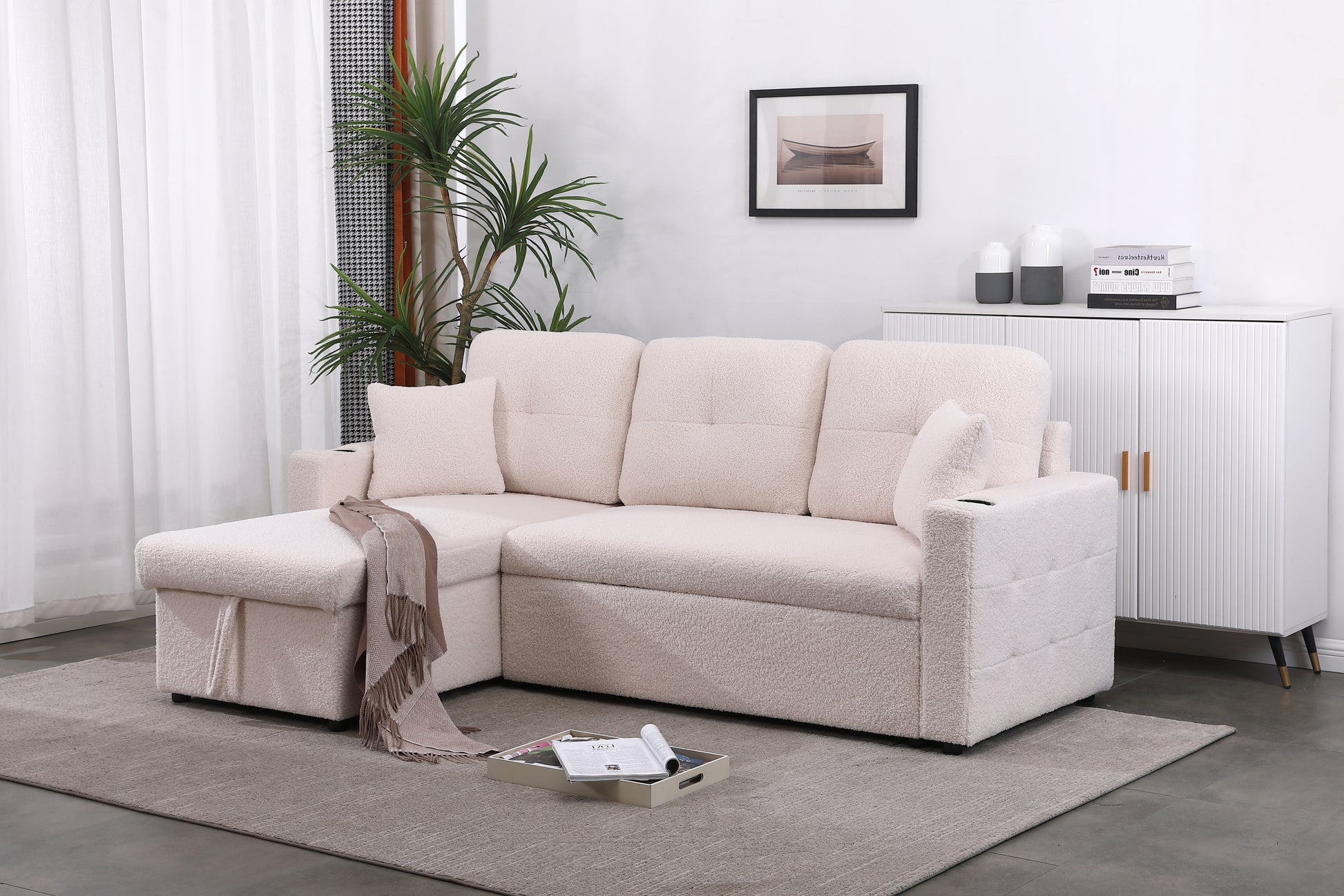 Lambswool Pull Out Sleeper Sectional Sofa With Storage Chaise Beige Wood Medium Firm Cushion Back Contemporary L Shaped Square Arms Foam Wool