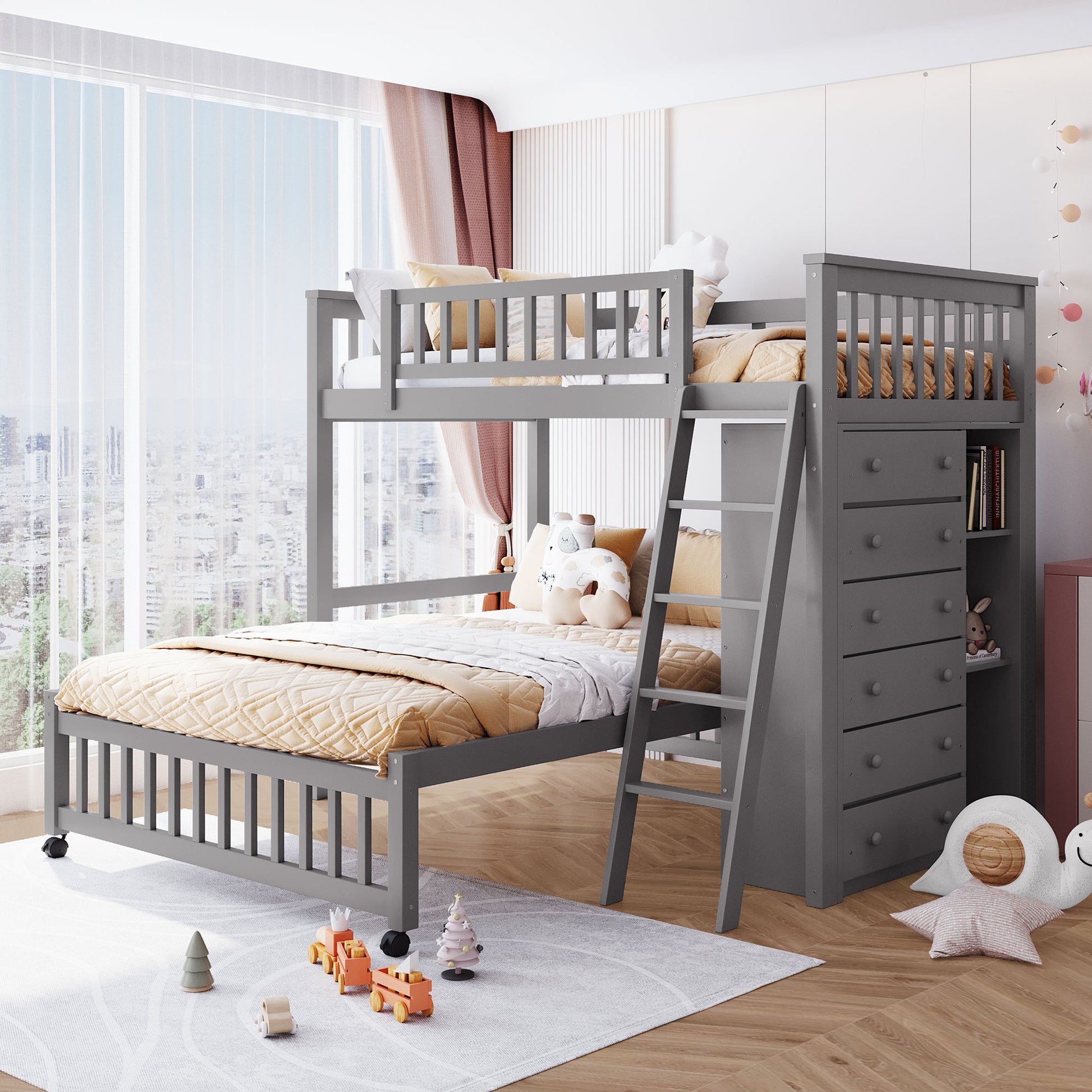 Wooden Twin Over Full Bunk Bed With Six Drawers And Flexible Shelves,Bottom Bed With Wheels,Gray Old Sku:Lp000531Aae Gray Solid Wood