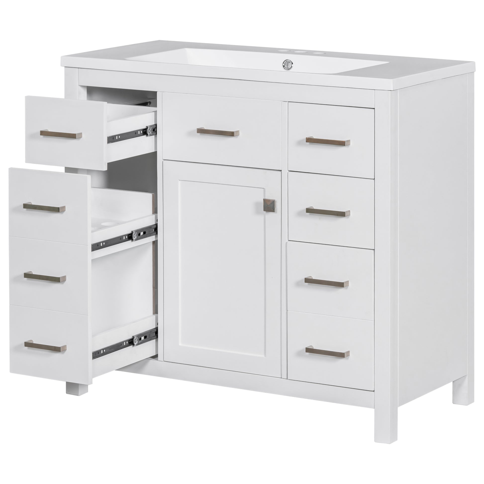 36 Inch Modern Bathroom Vanity Cabinet With Multifunctional Storage Space 5 Drawers And 1 Door White Solid Wood Mdf Resin